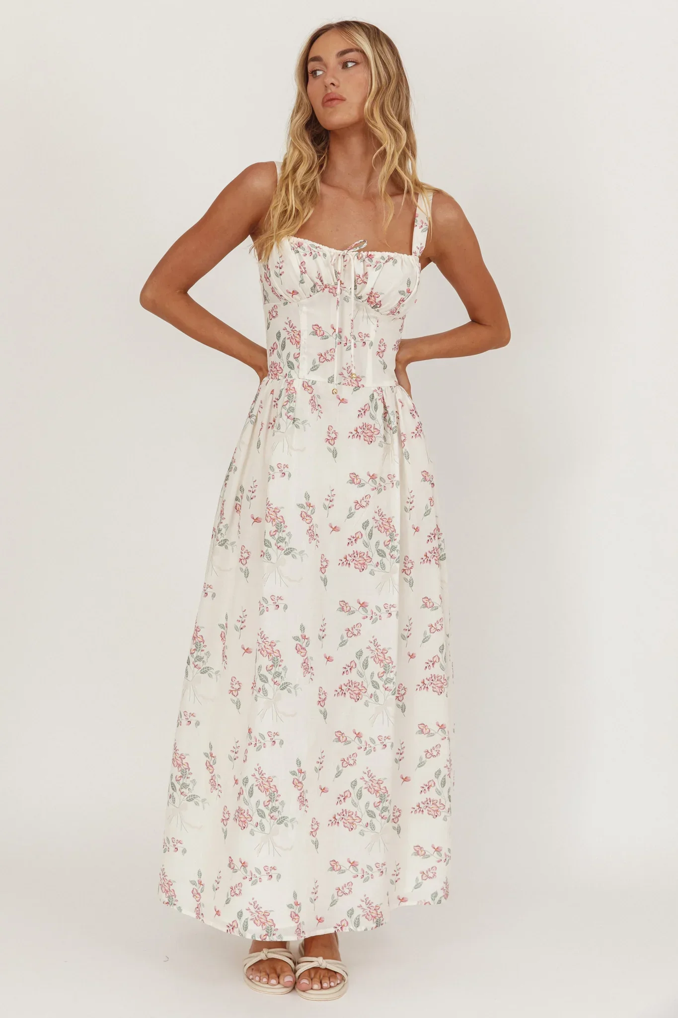 Seen The Light Tie Bust Maxi Dress Floral Cream/Pink