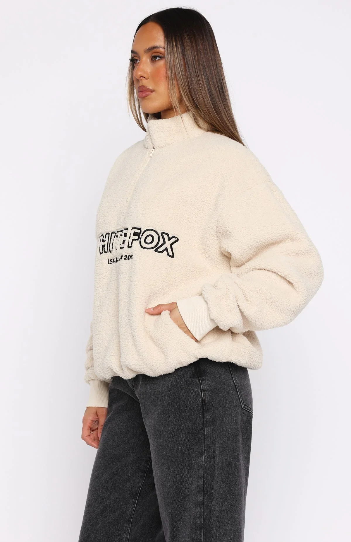 Hard To Stay Focused Teddy Borg Zip Front Sweater Cream