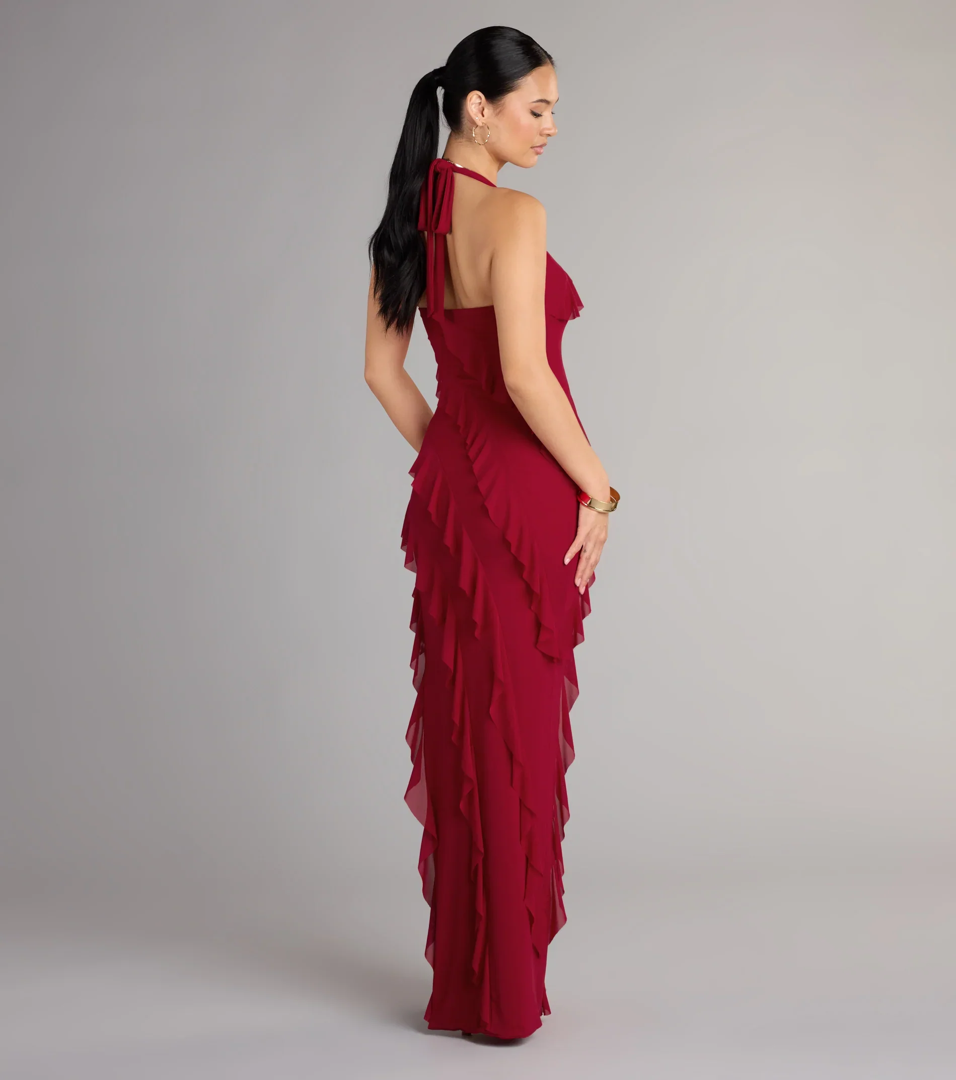 Marley Halter Ruffle Slit Formal Dress