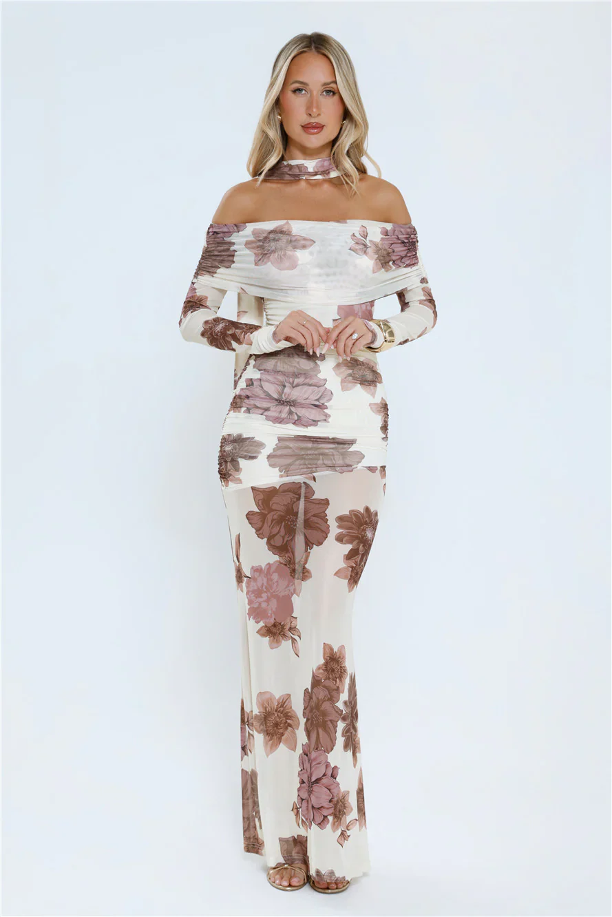 Garden Haze Off Shoulder Mesh Maxi Dress Floral