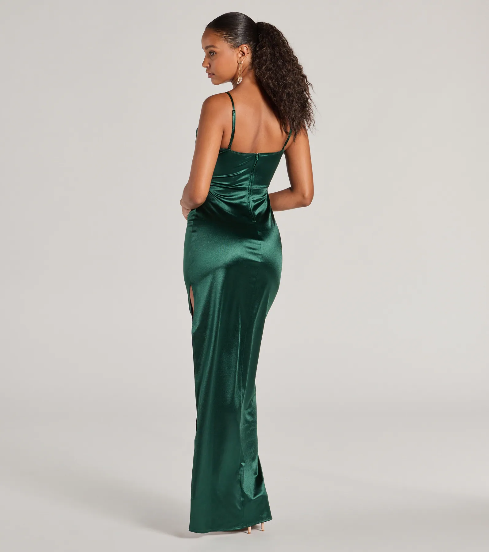 Iliana Cowl Neck High Slit Satin Column Dress