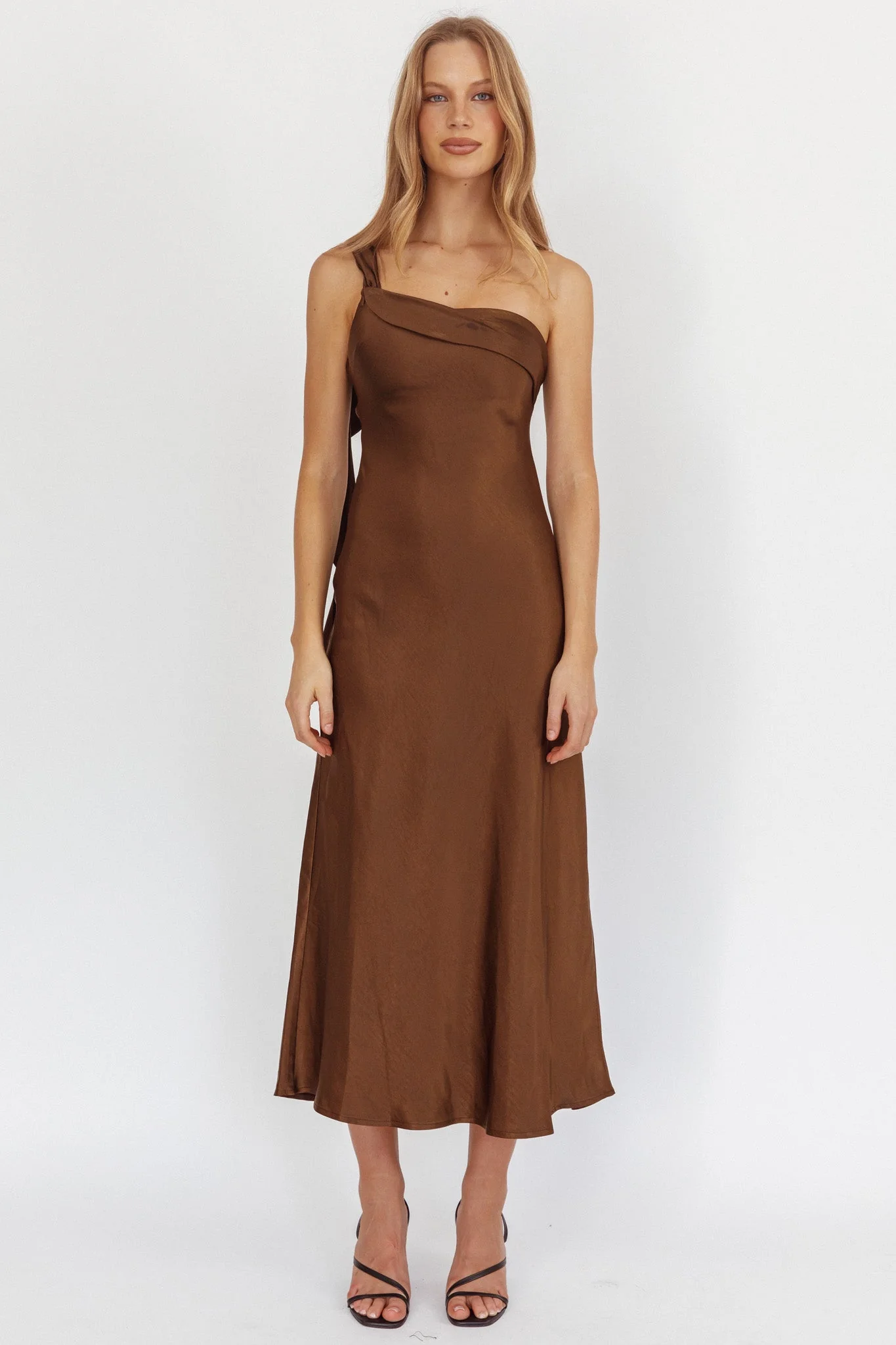 Carmel One-Shoulder Sash Maxi Dress Chocolate
