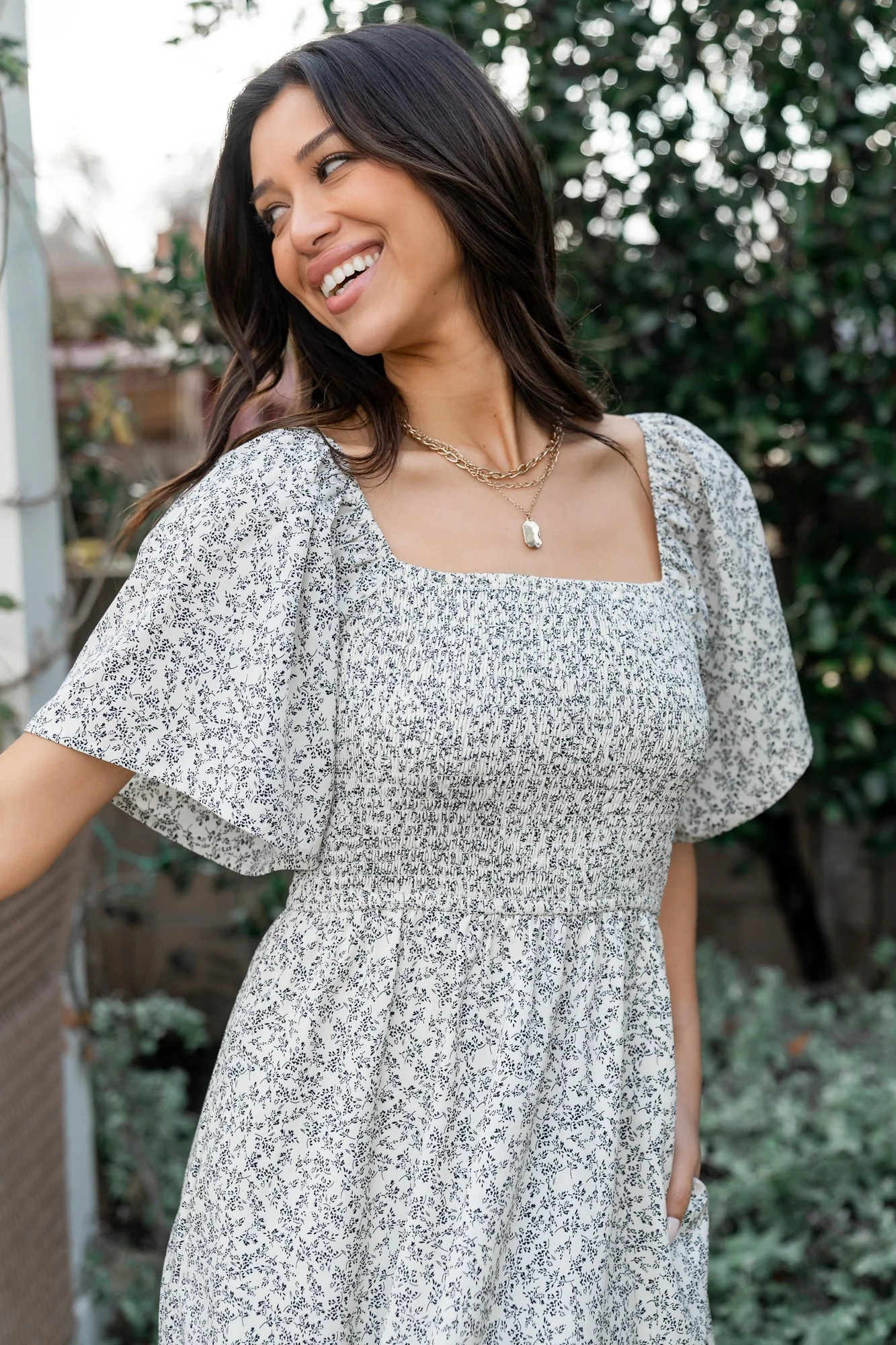 Cassis Smocked Midi Dress | Ivory + Black Floral