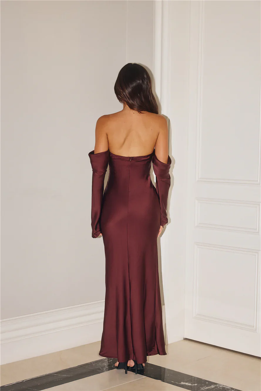 Elegant Chic Off Shoulder Long Sleeve Satin Maxi Dress