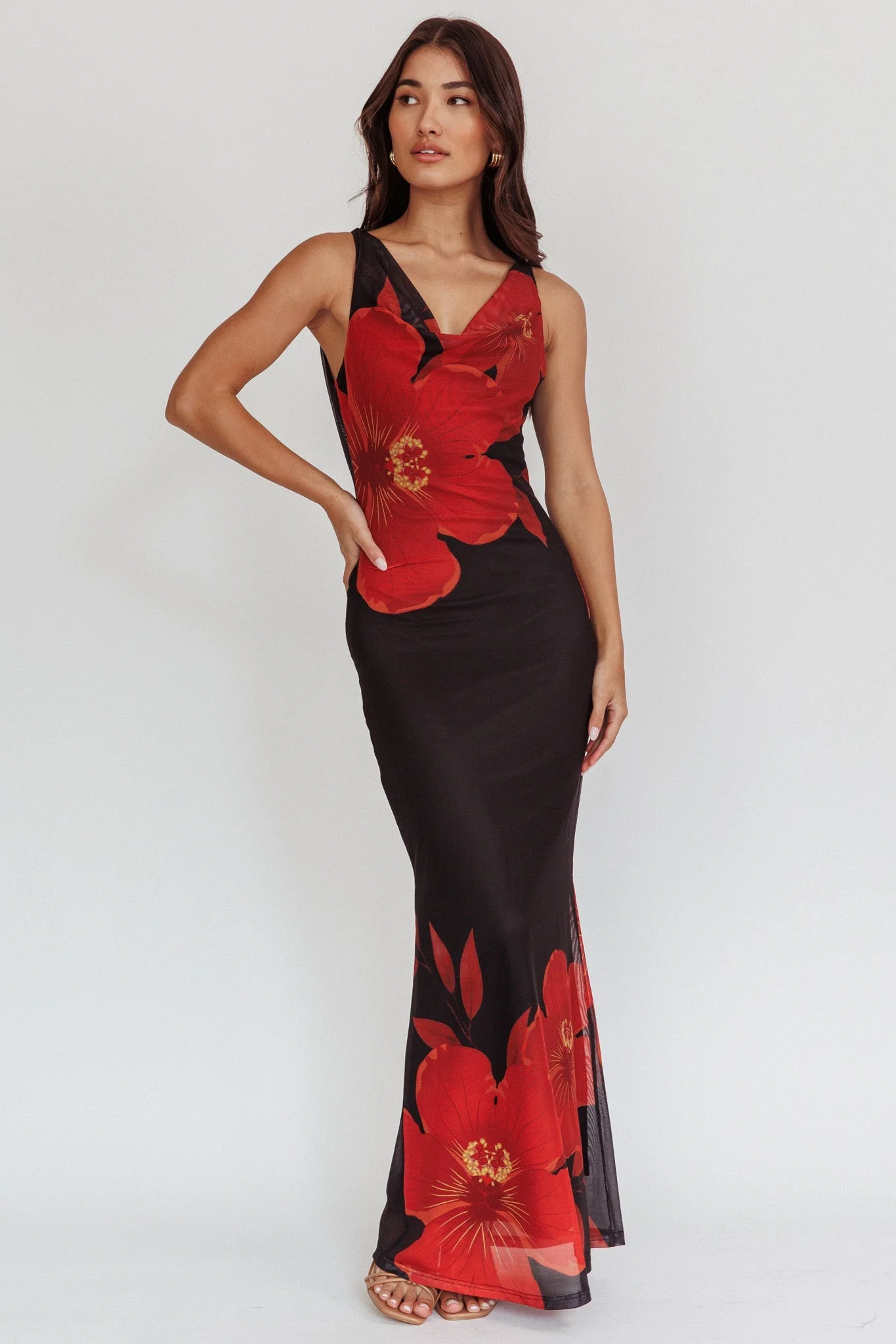 Cassiopeia Open Back Maxi Dress Hibiscus Black