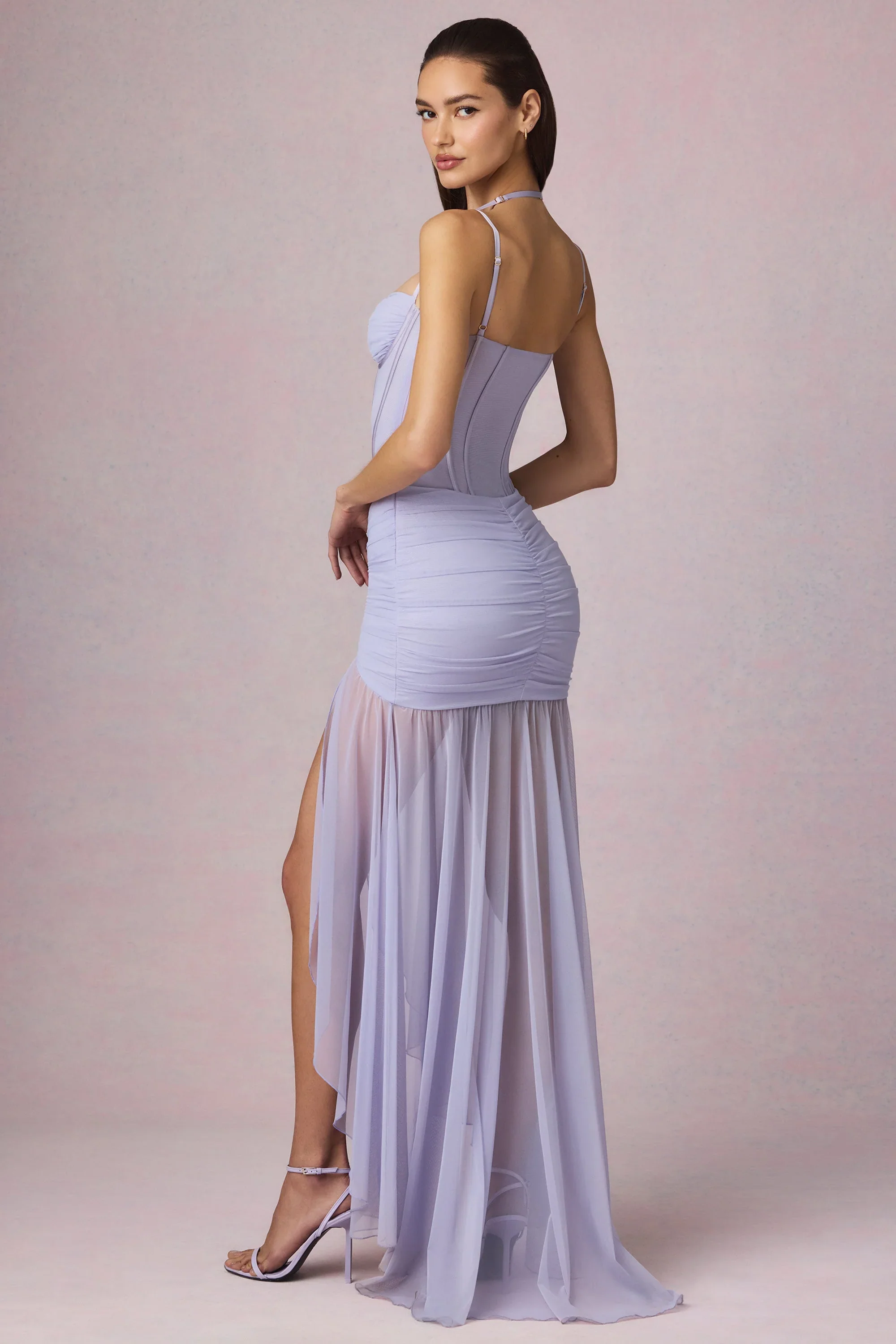 Ruched Asymmetric Corset Gown in Lilac