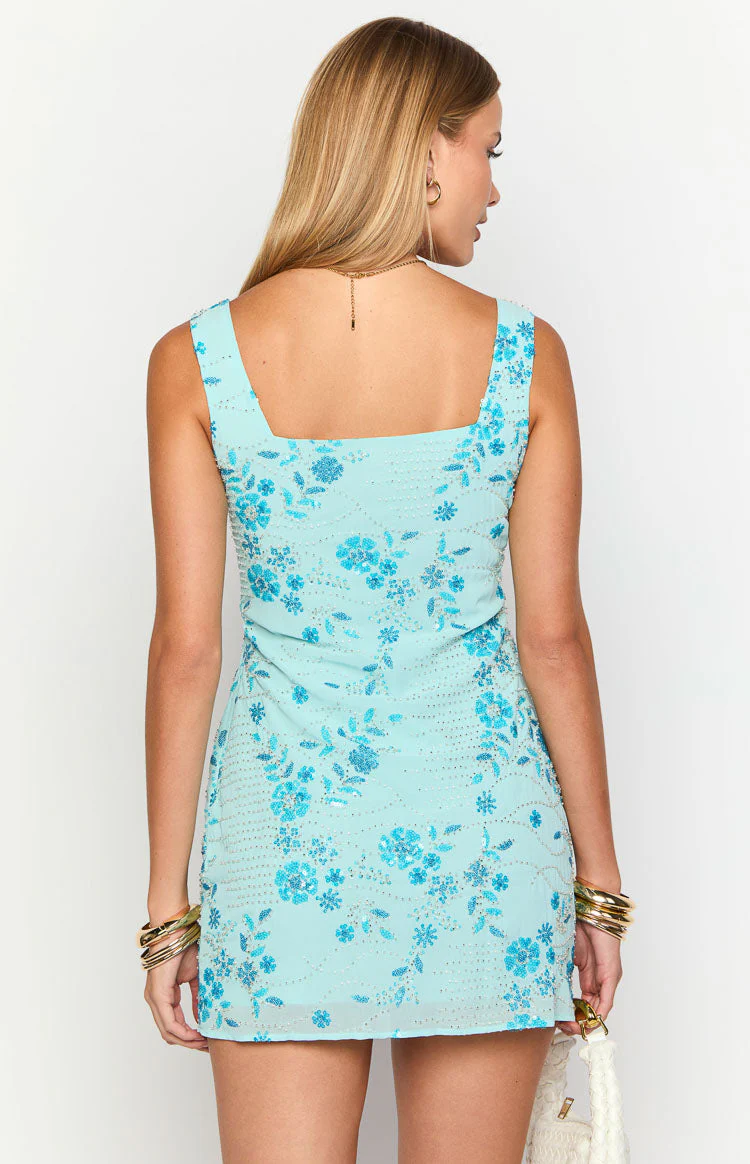 Curren Blue Beaded Mini Dress