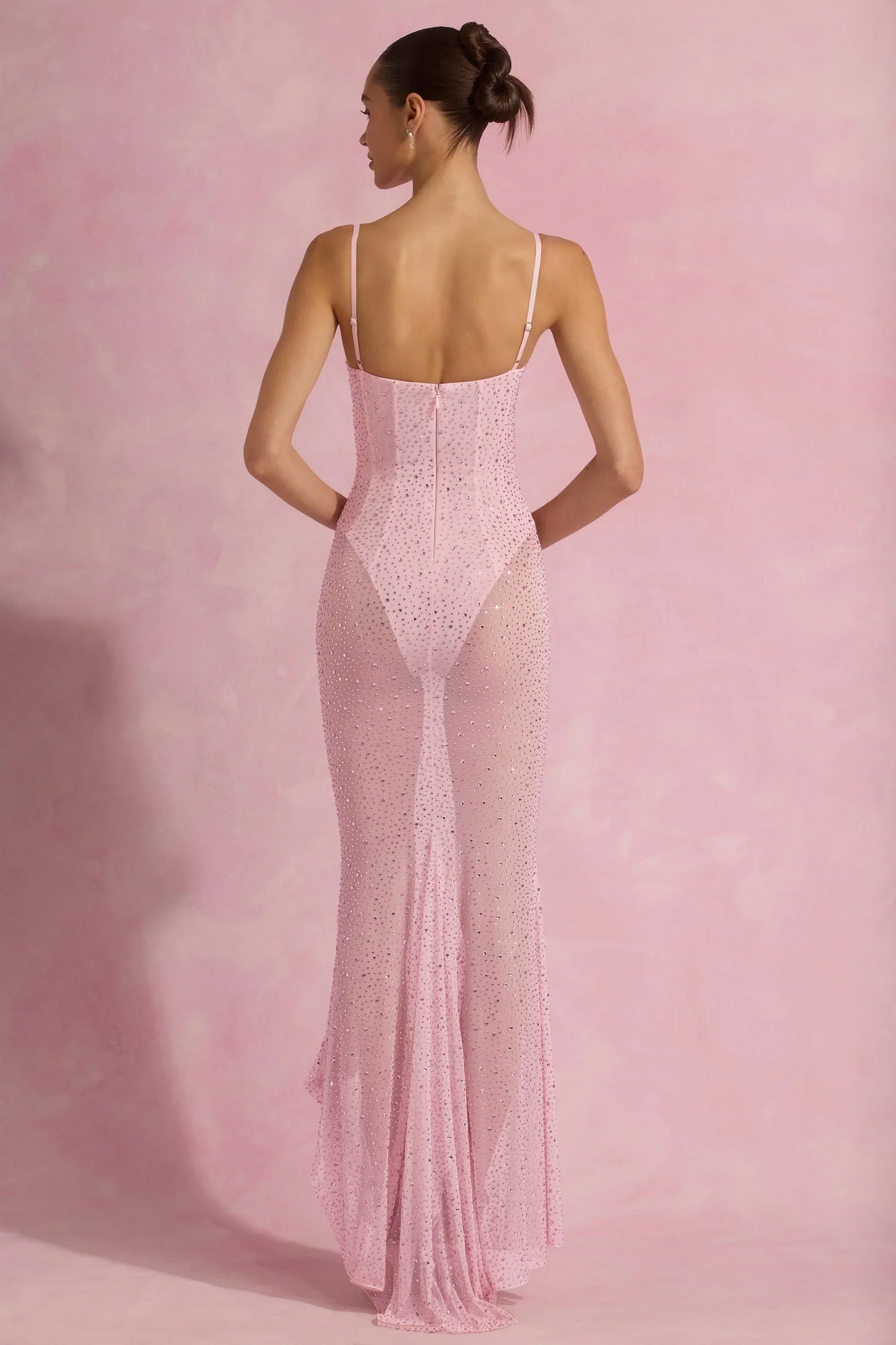 Semi-Sheer Embellished Corset Gown in Pink