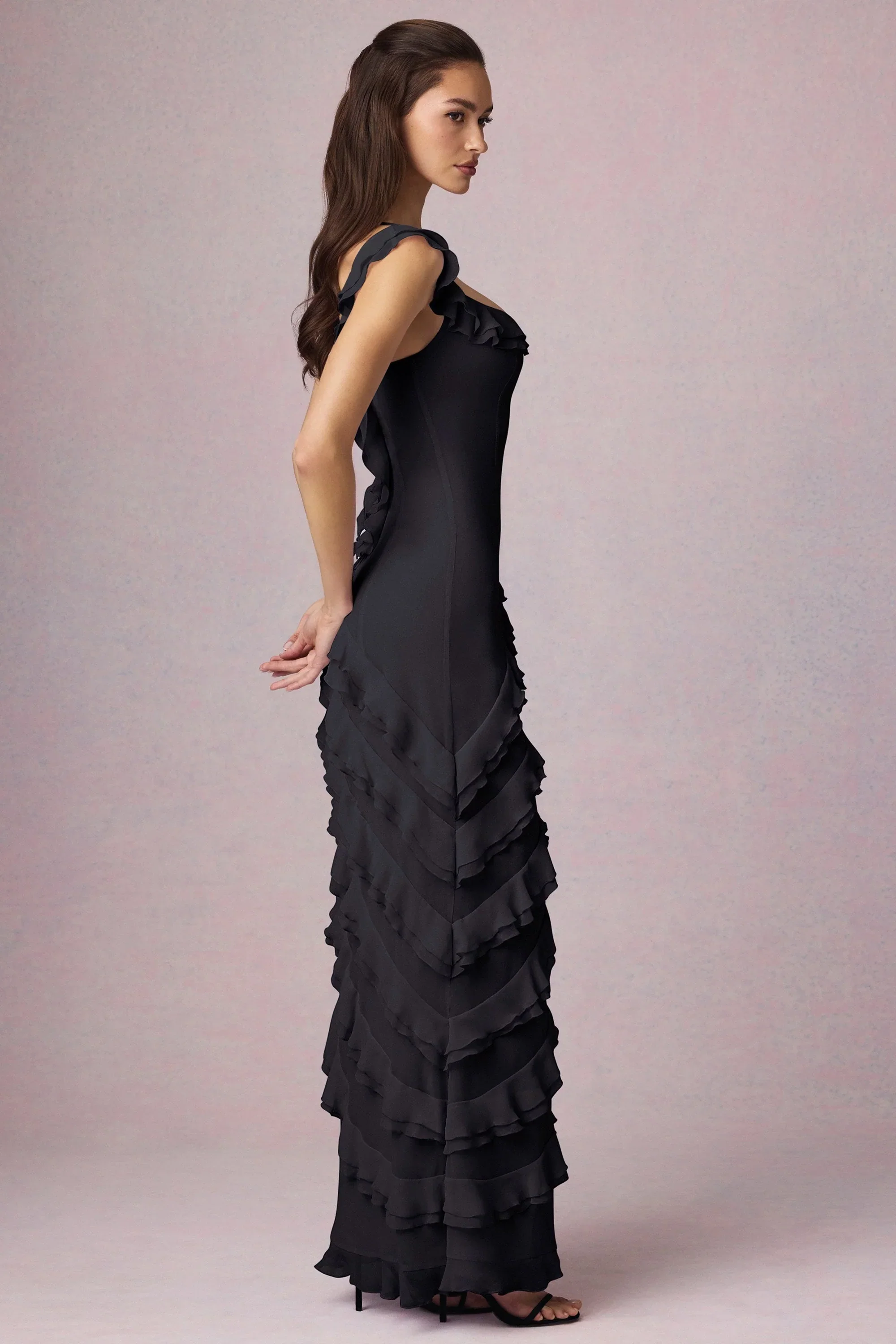 Asymmetric Ruffled Lace-Up Gown in Black