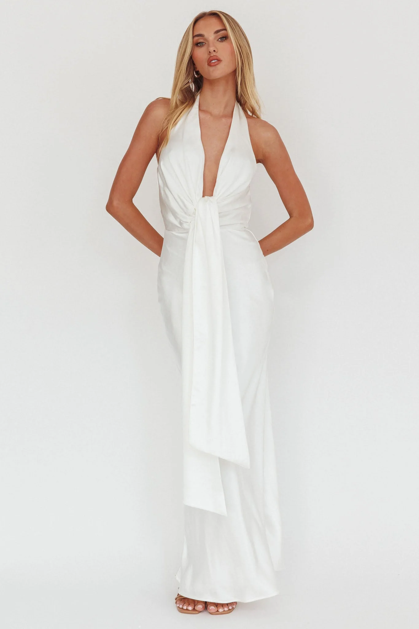 Make Believe Plunging Halterneck Maxi Dress Oyster