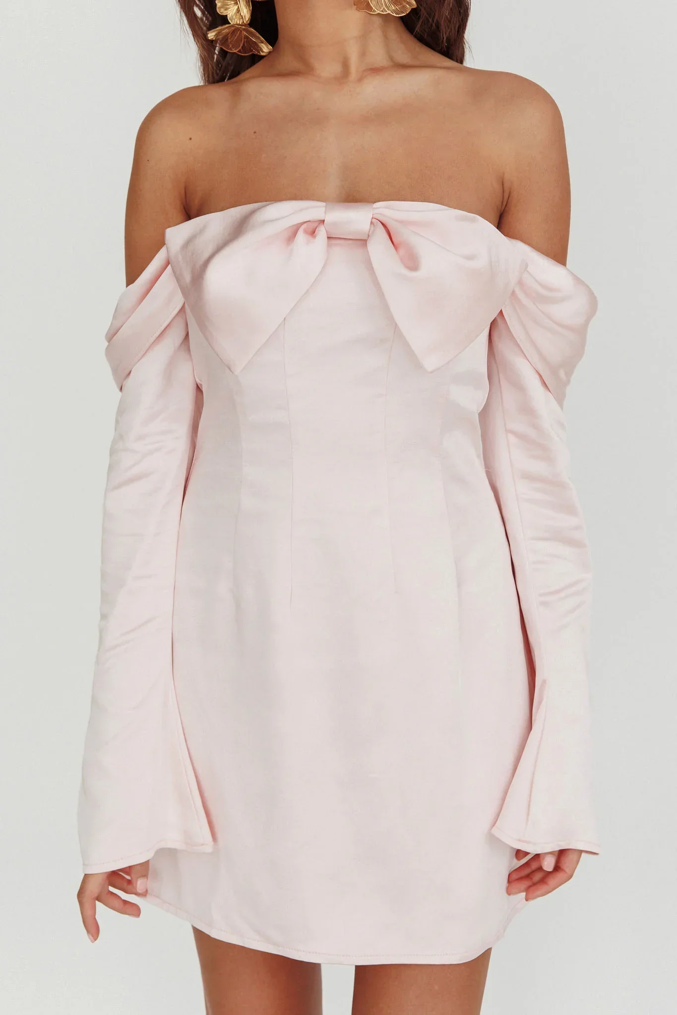 Lilith Off Shoulder Bow Mini Dress Blush
