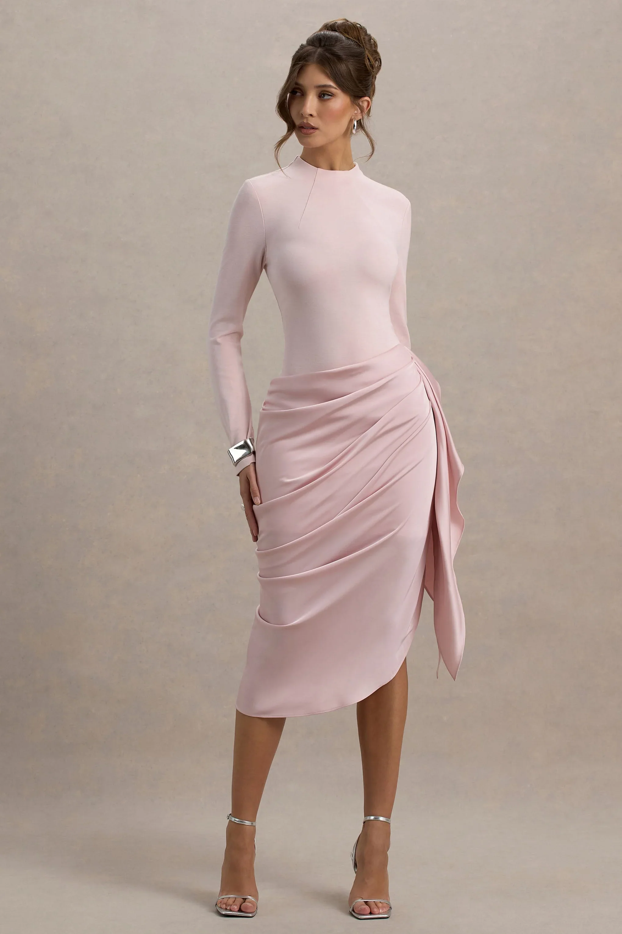 Raffie | Pink Long-Sleeve Midi Dress With Satin Wrap Skirt