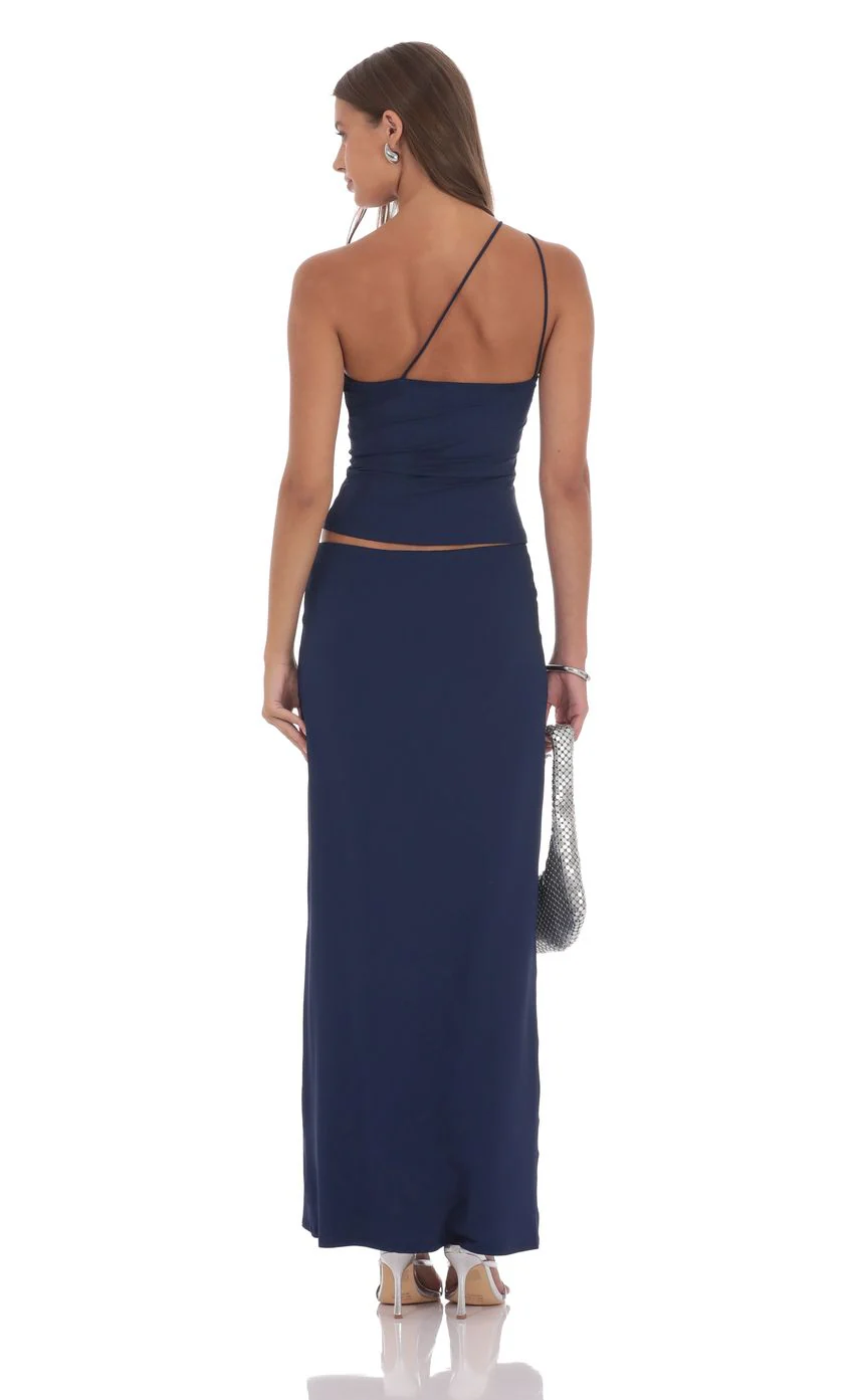 One Shoulder Embellished Two Piece Set in Navy