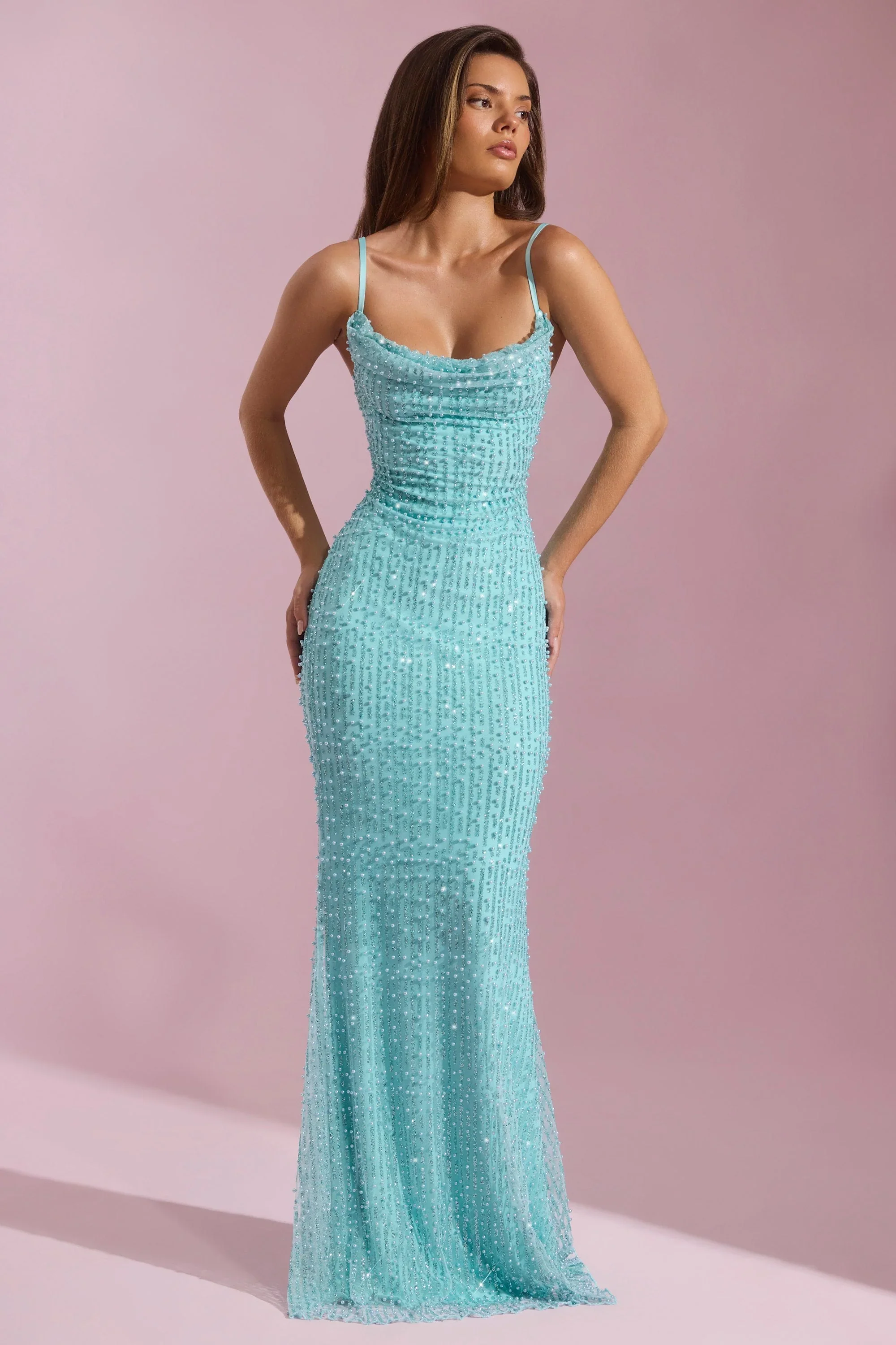 Embellished Cowl-Neck Backless Maxi Dress in Aqua Blue