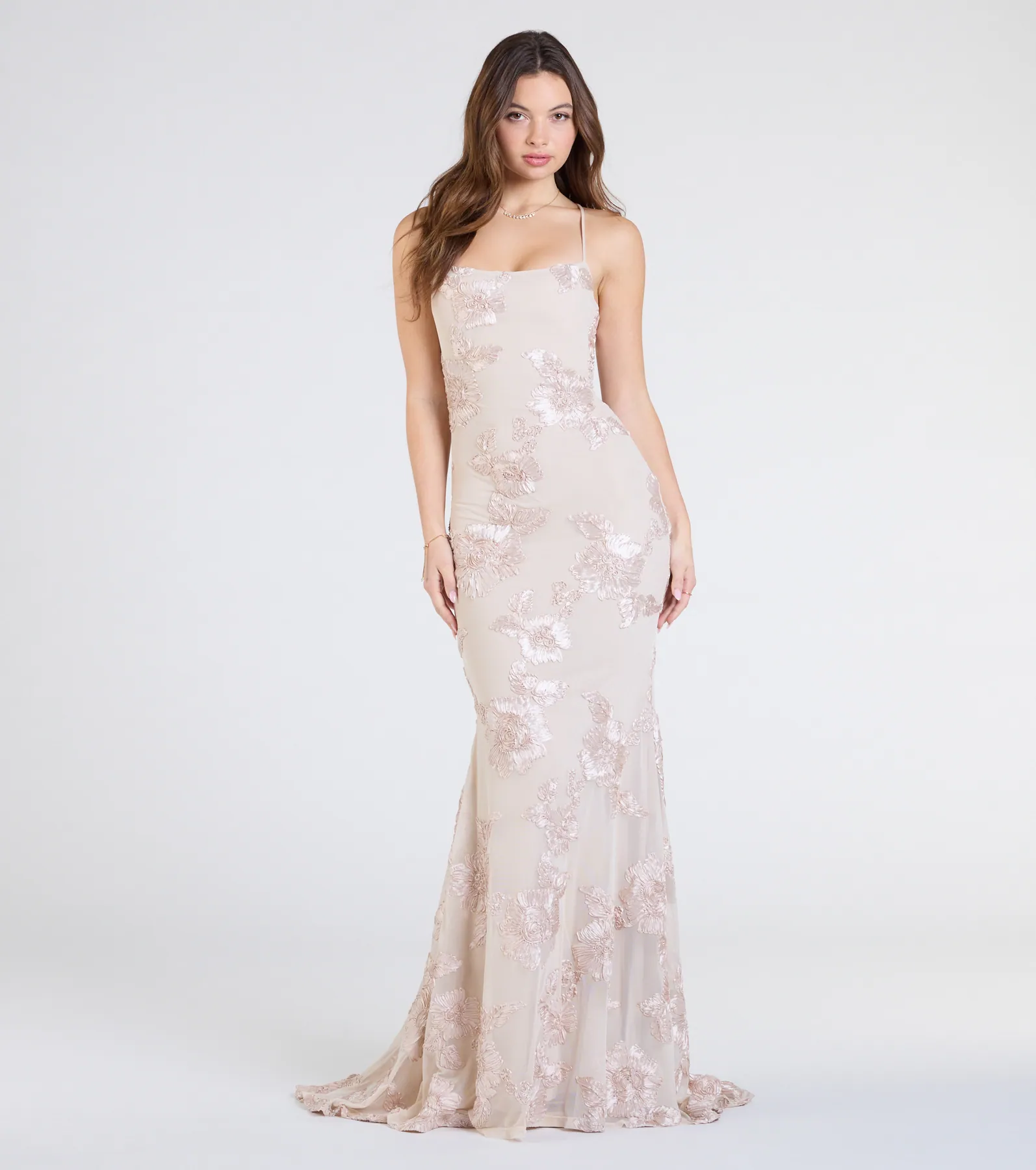 Gabi Lace-Up Floral Trim Mermaid Formal Dress