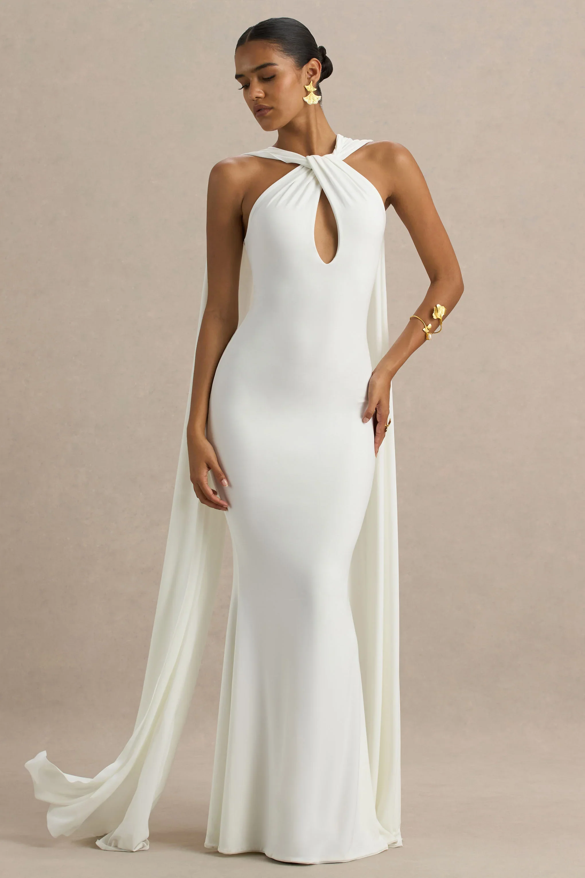 Rhoda | White Twist Halter-Neck Cape Maxi Dress