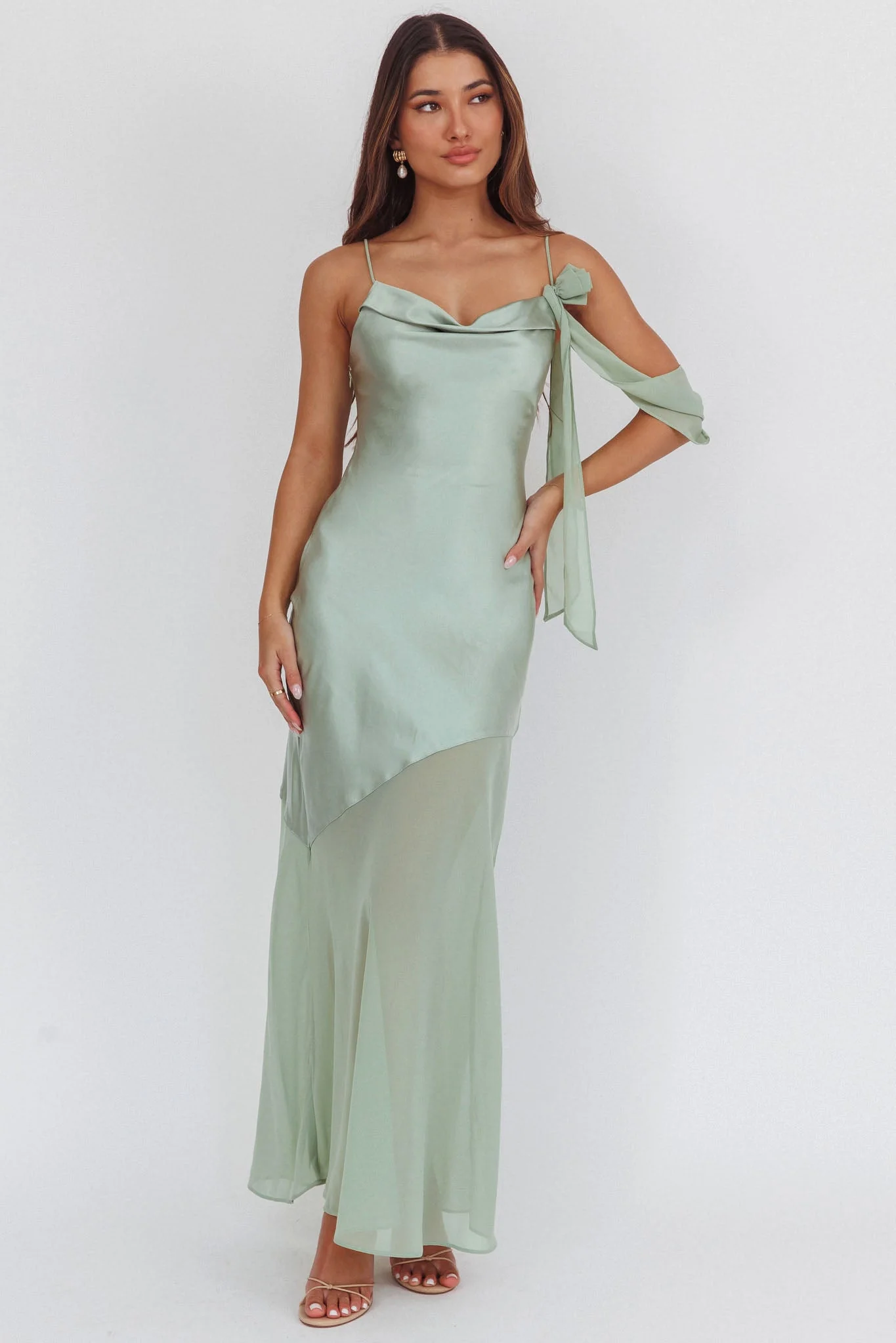 Gilded Dream Shoulder Detail Chiffon Hem Maxi Dress Sage