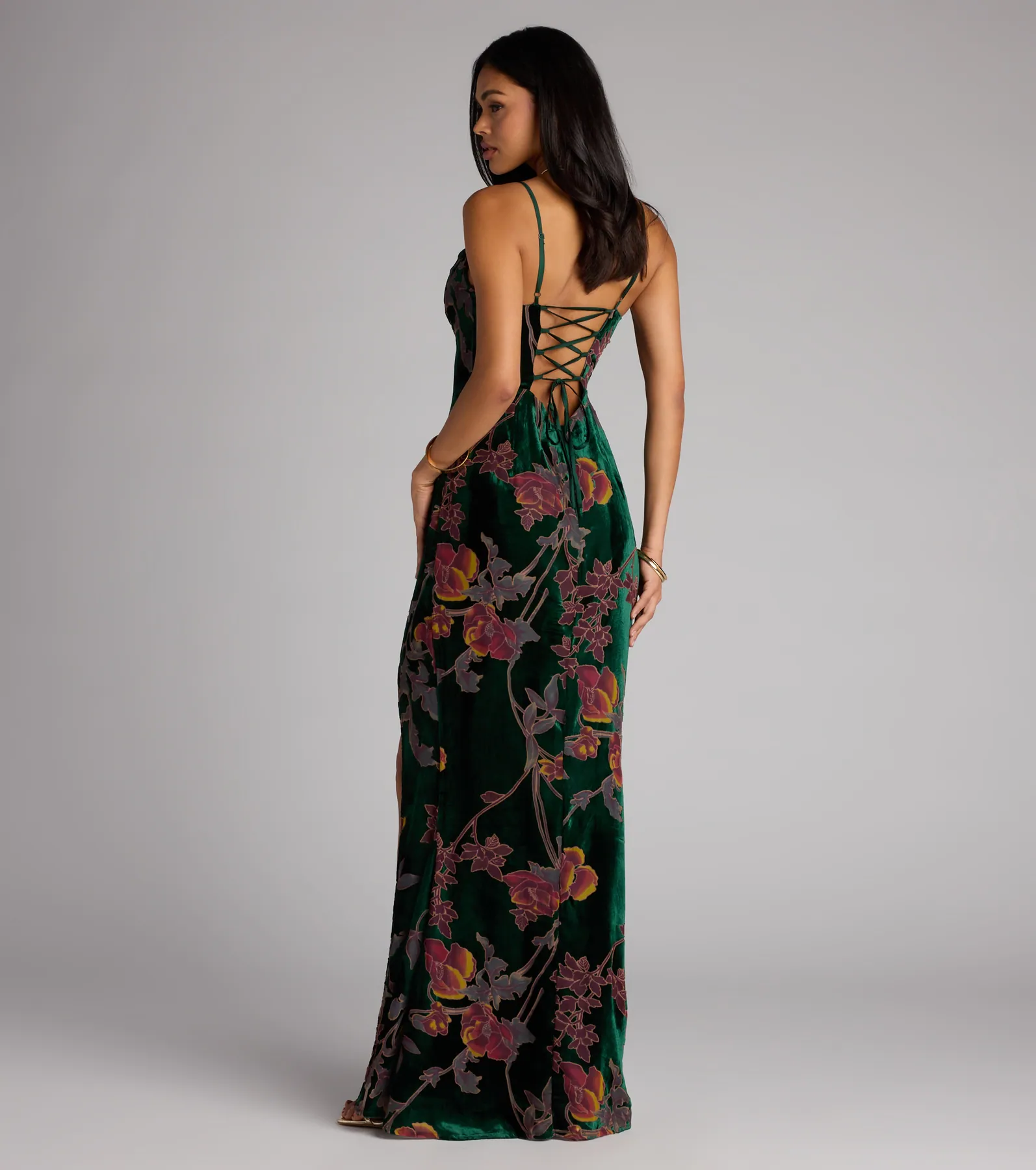Melanie Floral Velvet Lace-Up Formal Dress
