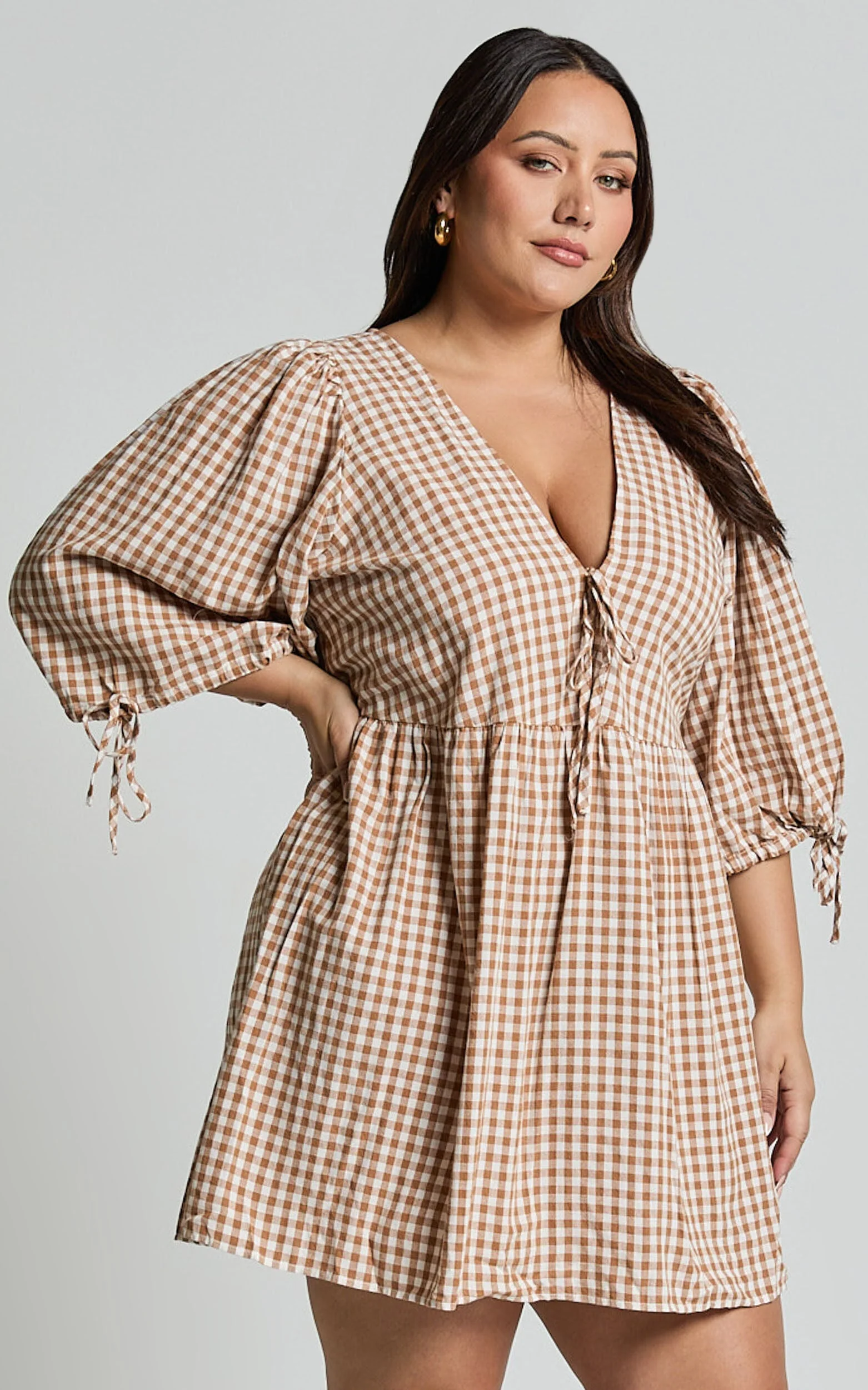 Rosita Mini Dress - Tie Front Puff Sleeve Dress in Caramel & White Gingham