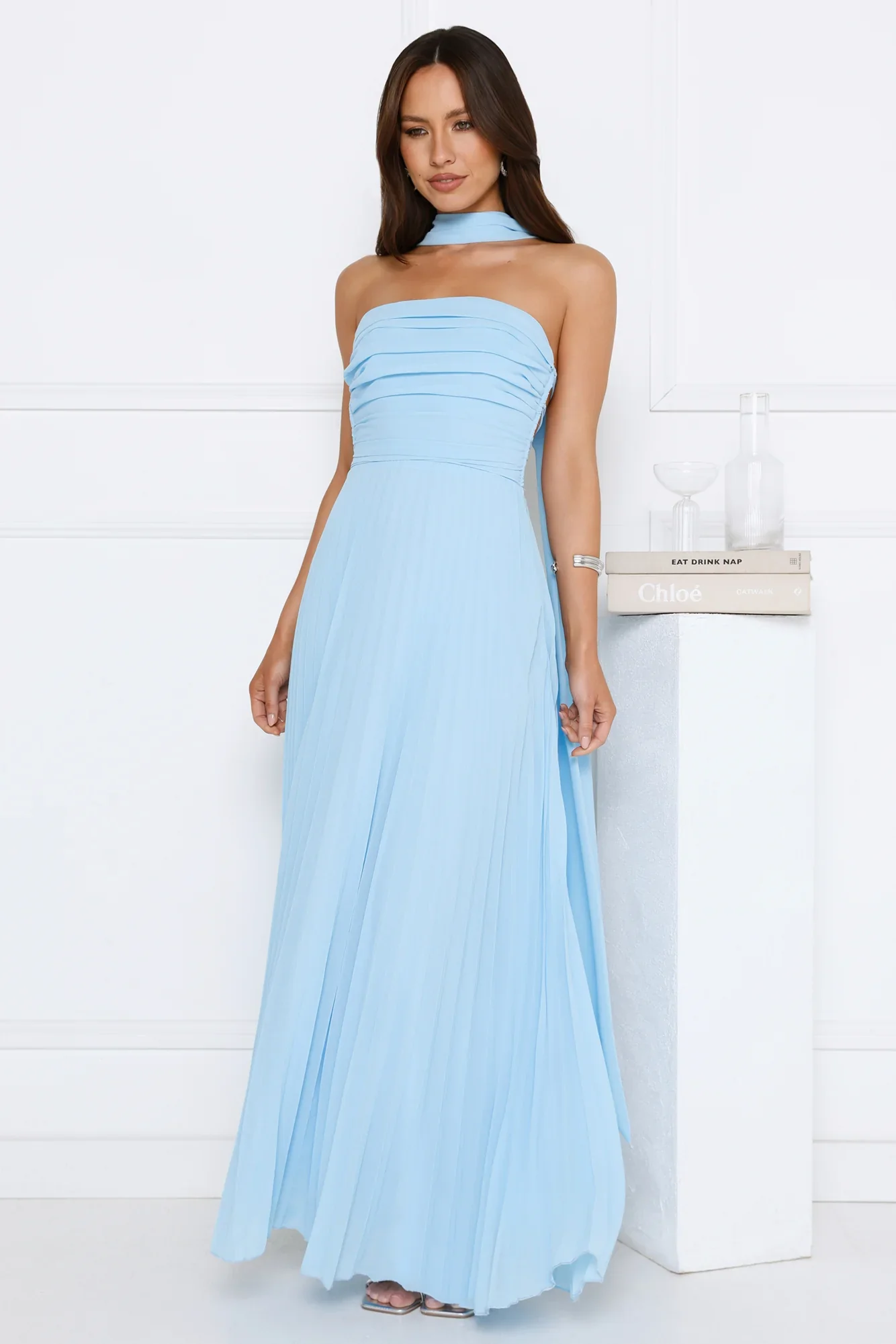 Sugar Babe Strapless Pleated Maxi Dress Blue