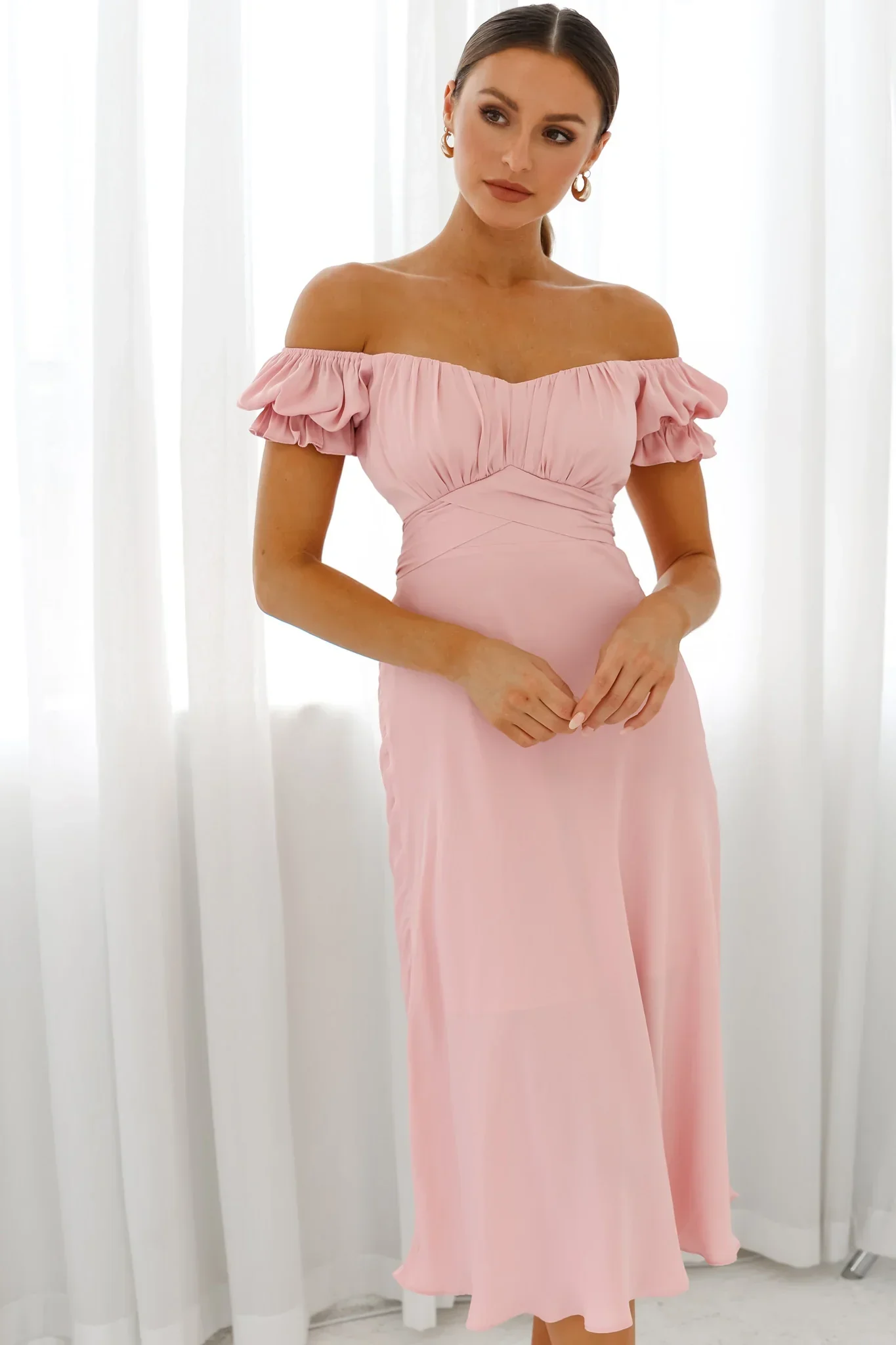 Linka Off-Shoulder Tie Back Midi Dress Blush