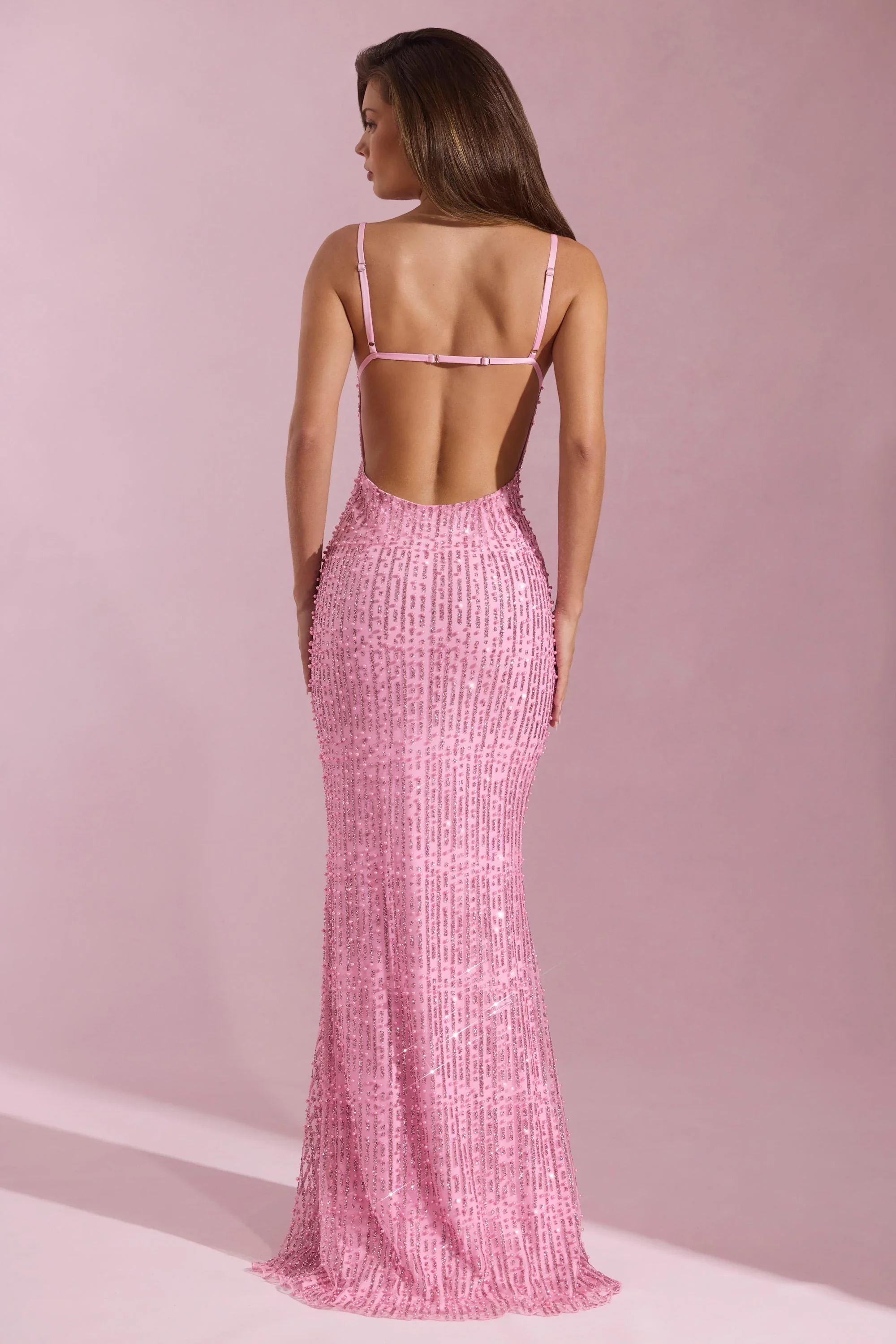 Embellished Cowl-Neck Backless Maxi Dress in Pink