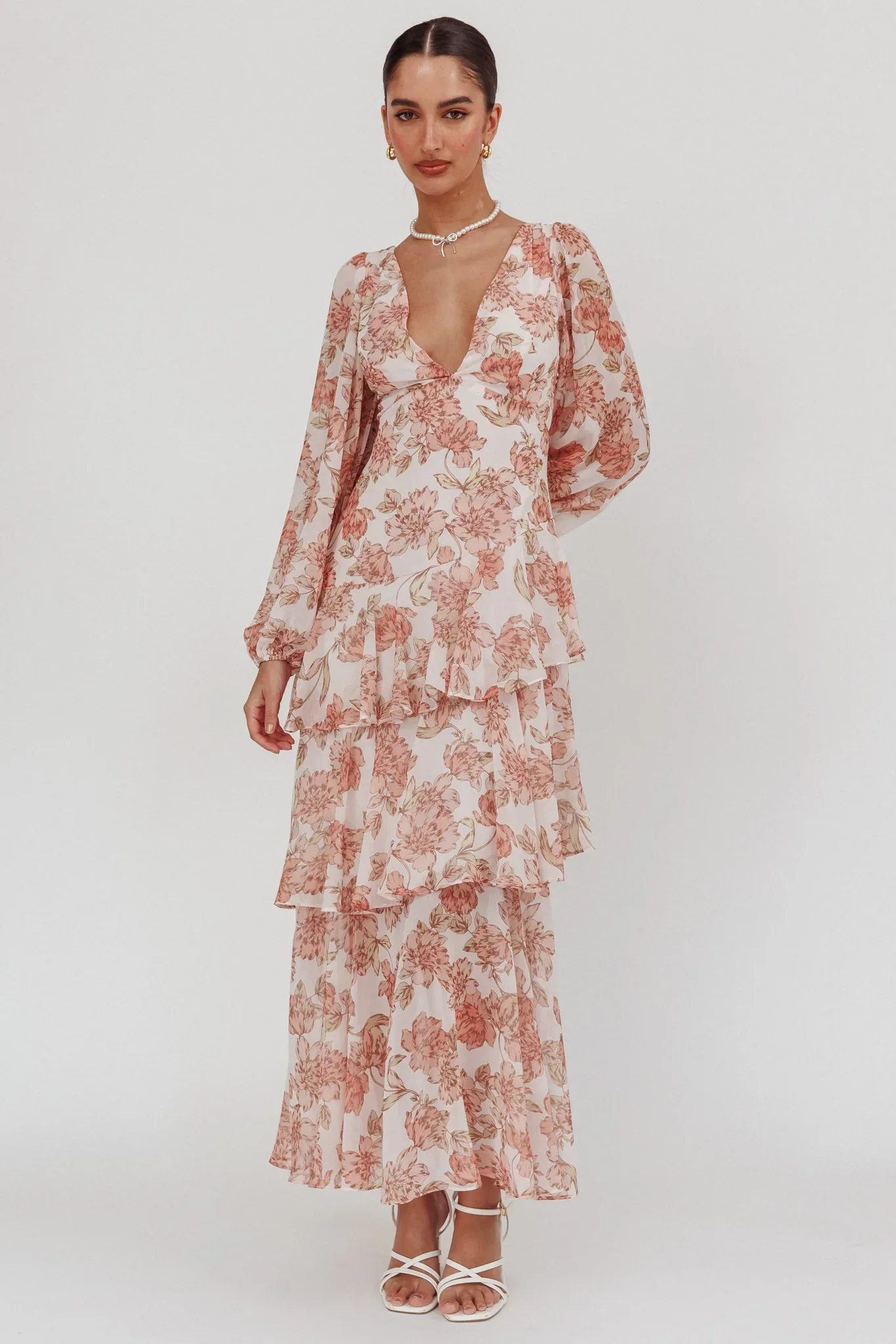 Veda Long Sleeve Floral Tiered Ruffle Maxi Dress Peach
