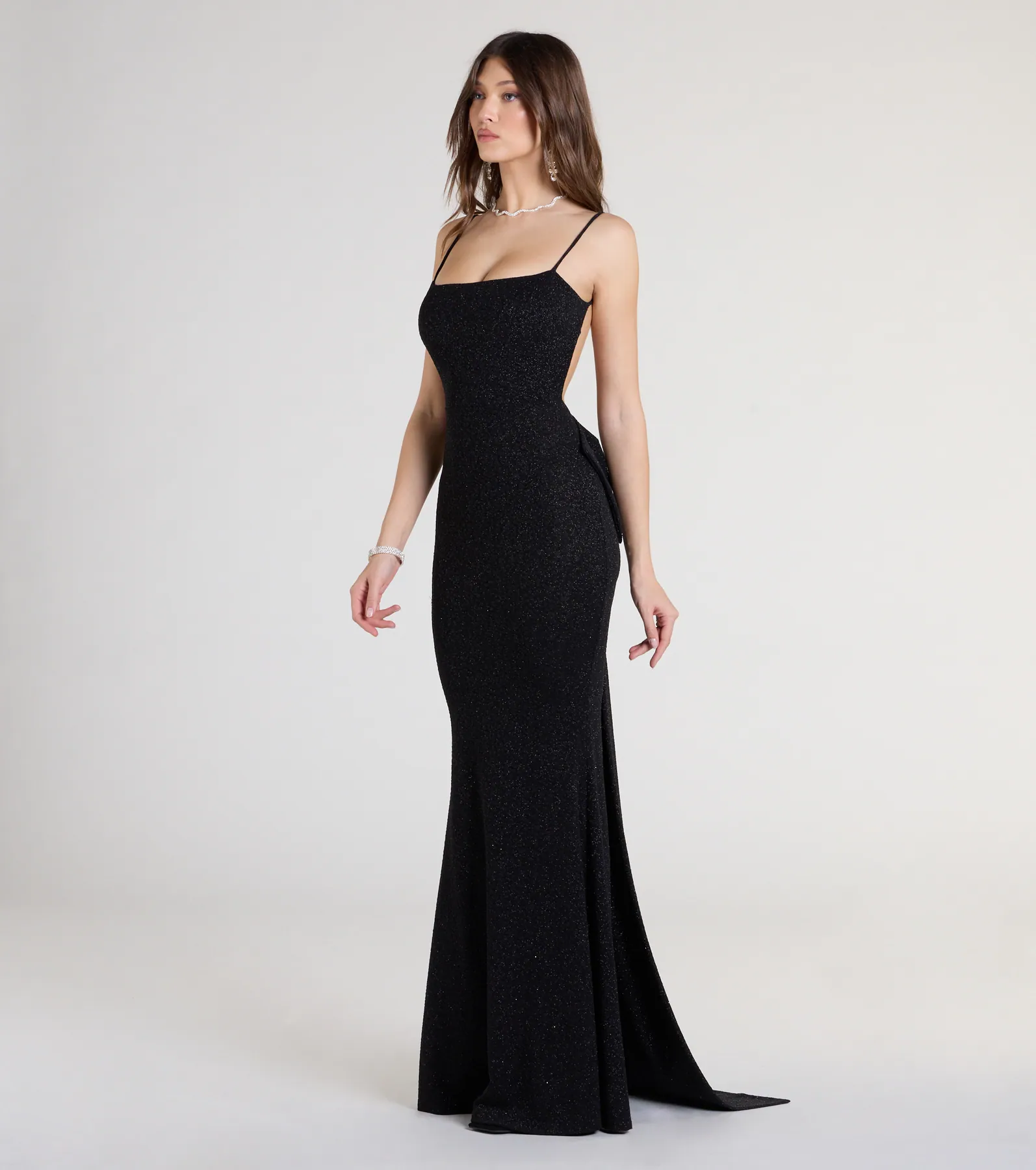 Gwendolyn Glitter Knit Bow-Back Mermaid Dress