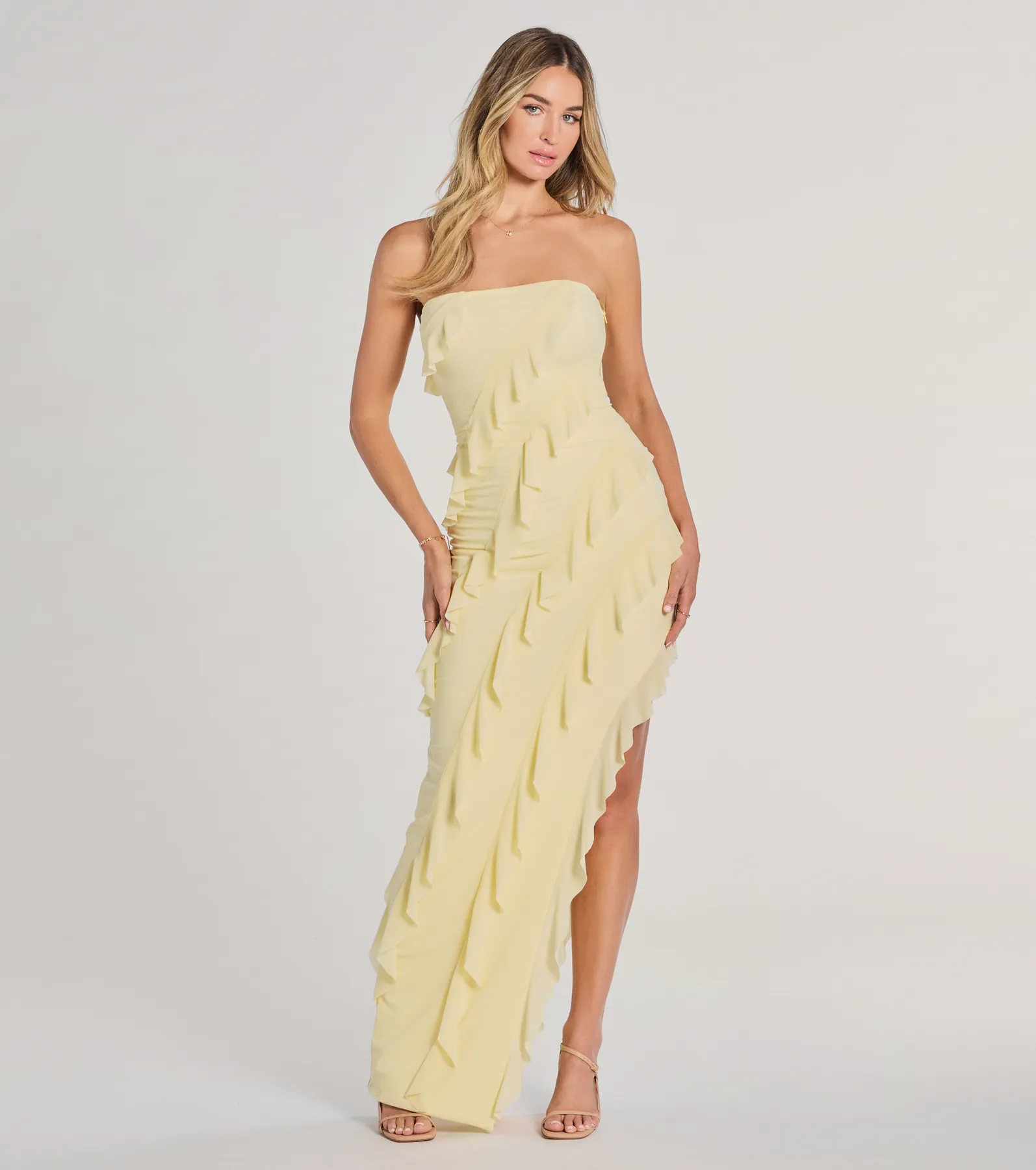 Gabby Formal Mesh Strapless Ruffle Long Dress