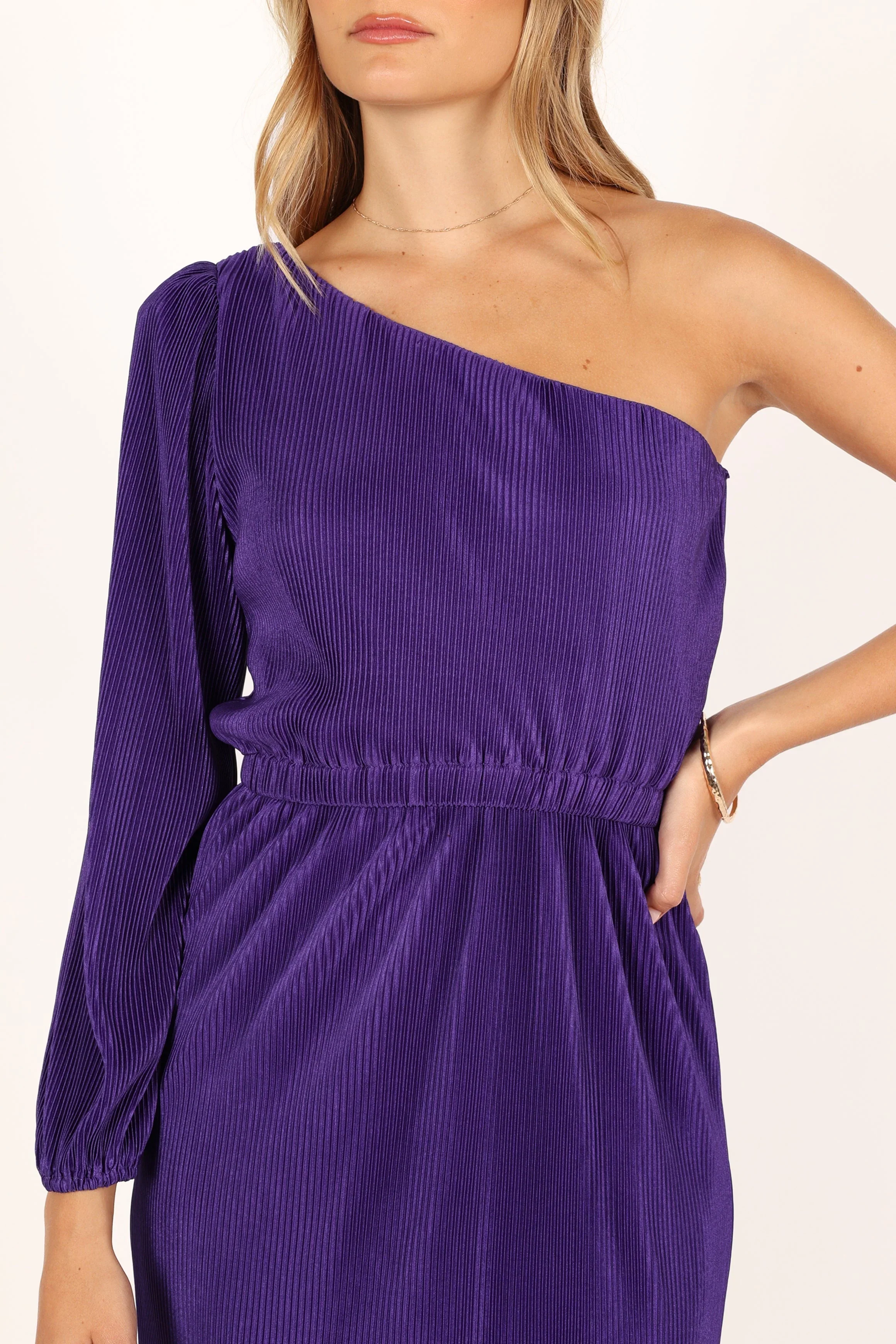 Pontee One Shoulder Pleated Midi Dress - Purple