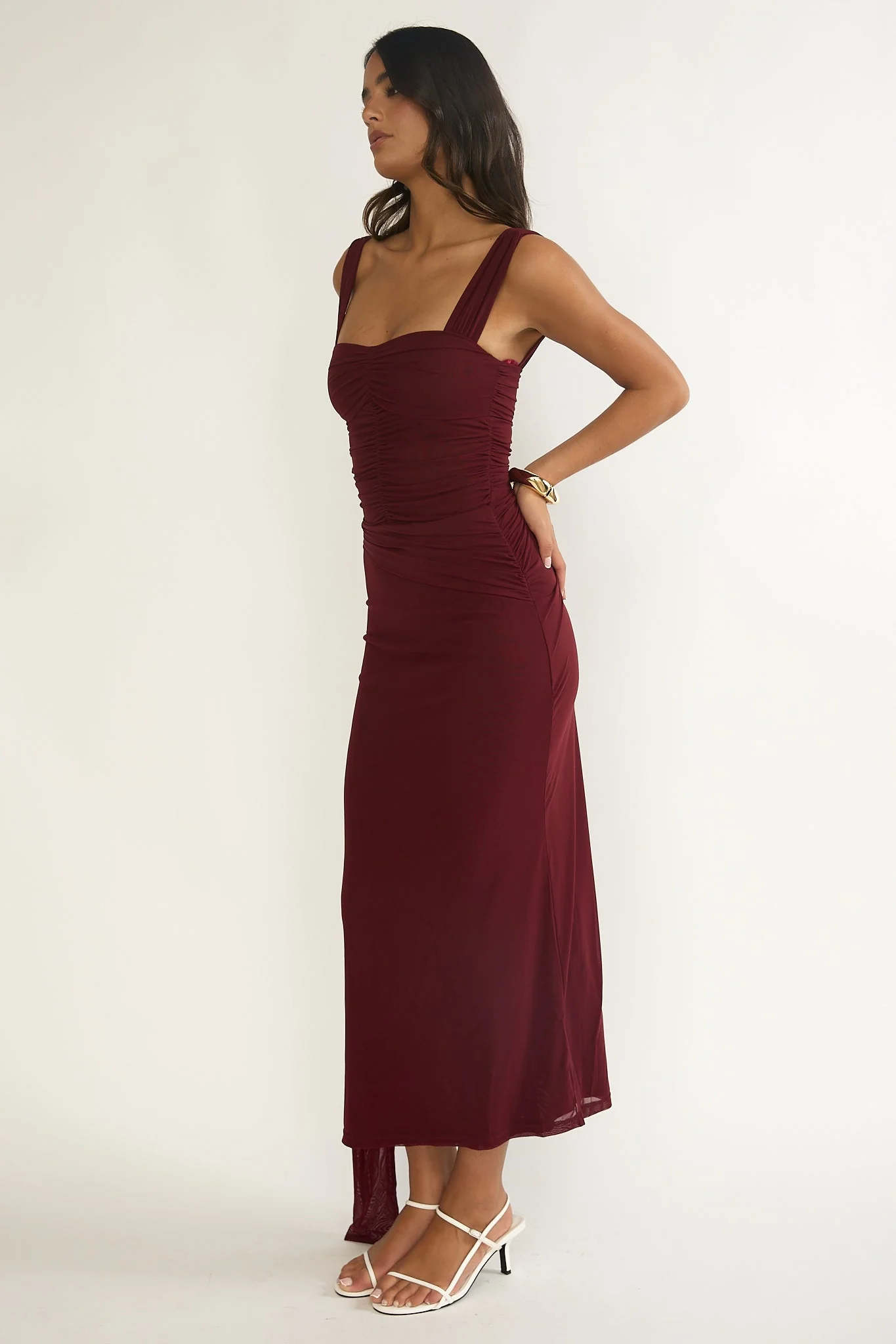 Emara Ruched Waist Sash Maxi Dress Burgundy