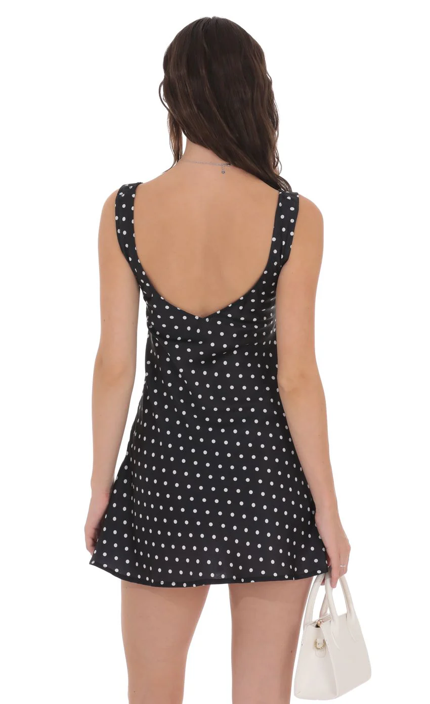 Satin Polka Dot V-Neck Dress in Black