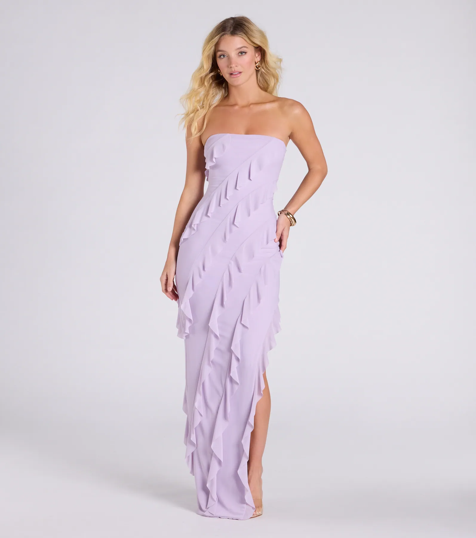 Gabby Formal Mesh Strapless Ruffle Long Dress
