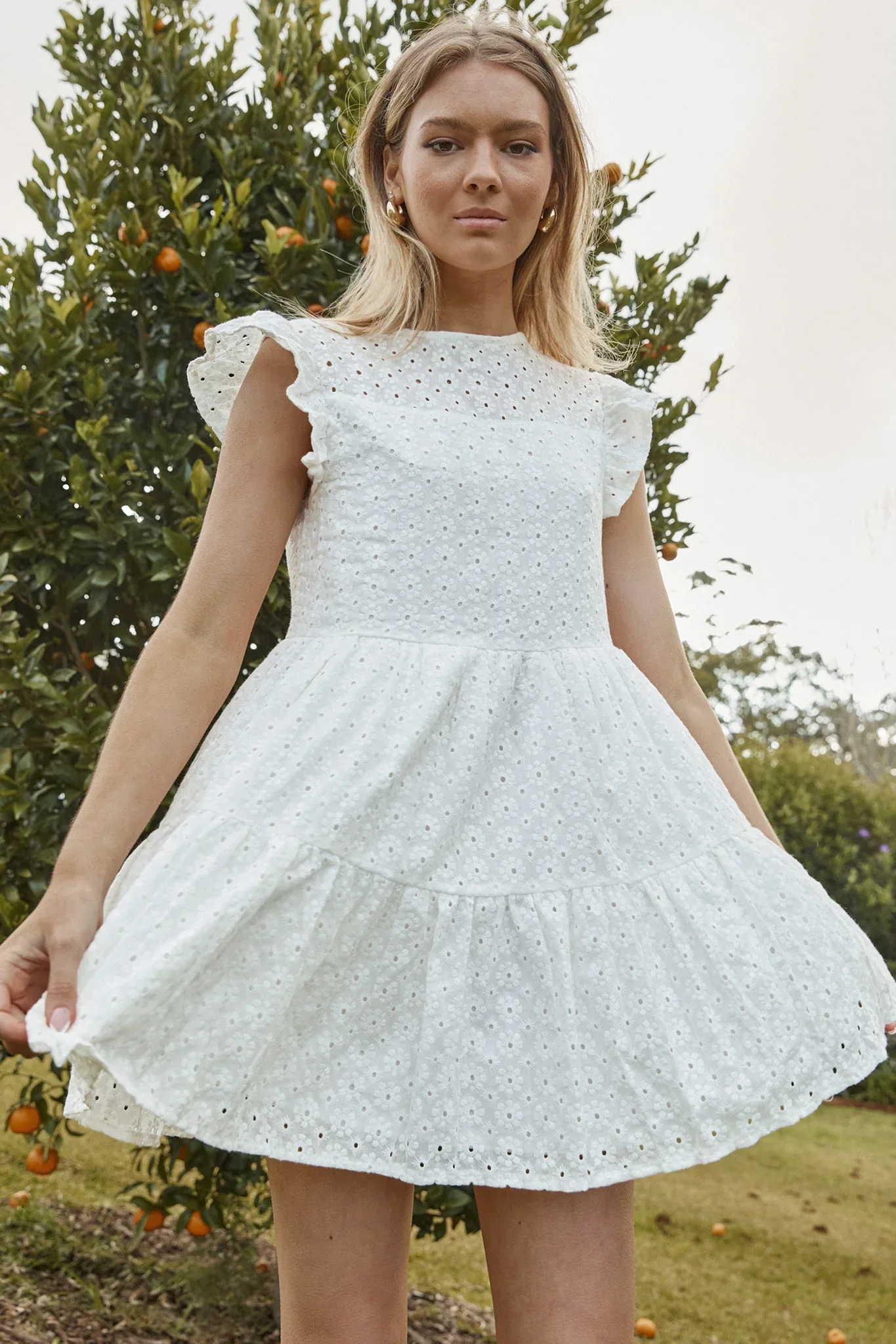 Louise Cap Sleeve Shift Dress Eyelet Embroidery White