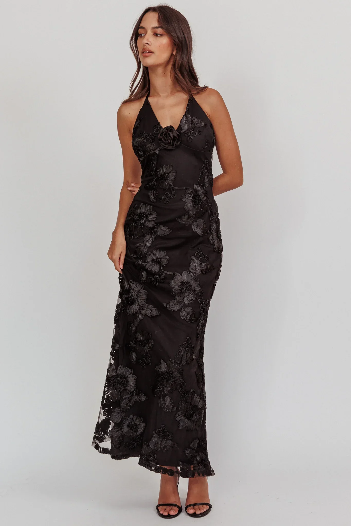 Your Affections Rosette Ribbon Embellished Maxi Dress Black