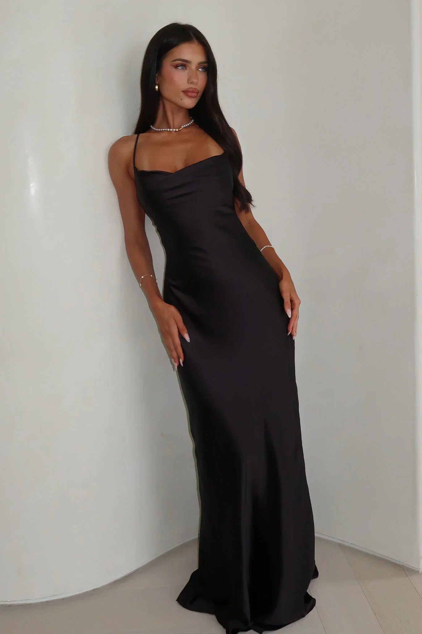 Starlette Cowl Neck Satin Maxi Dress - Black