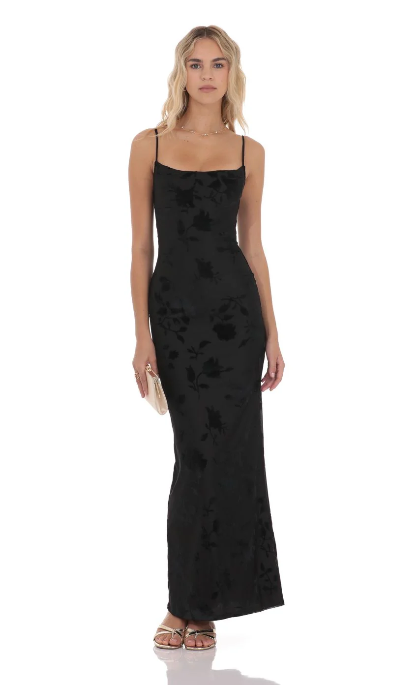 Velvet Floral Cowl Neck Maxi Dress in Black