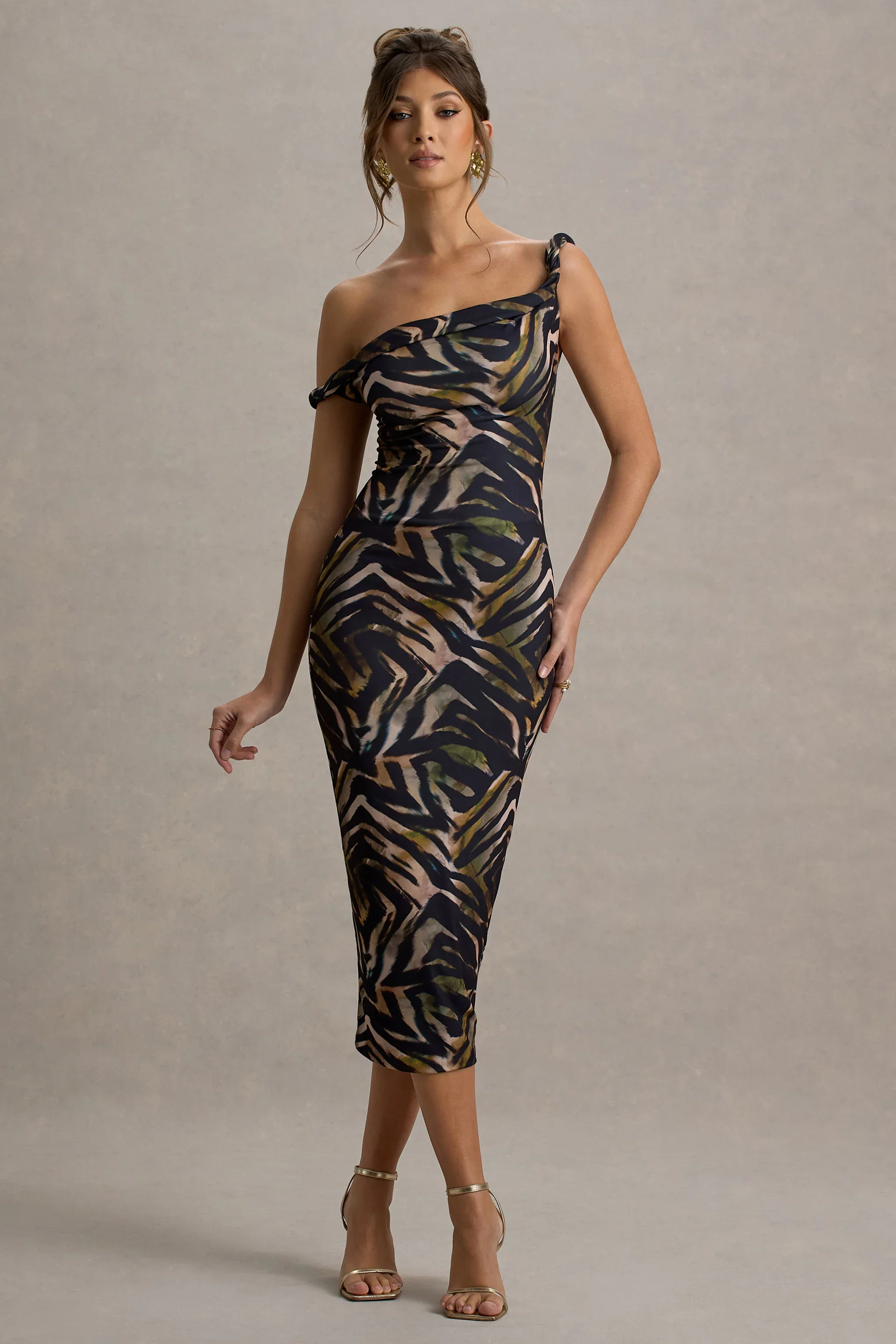 Nora | Zebra Print Twisted Asymmetric Midi Dress