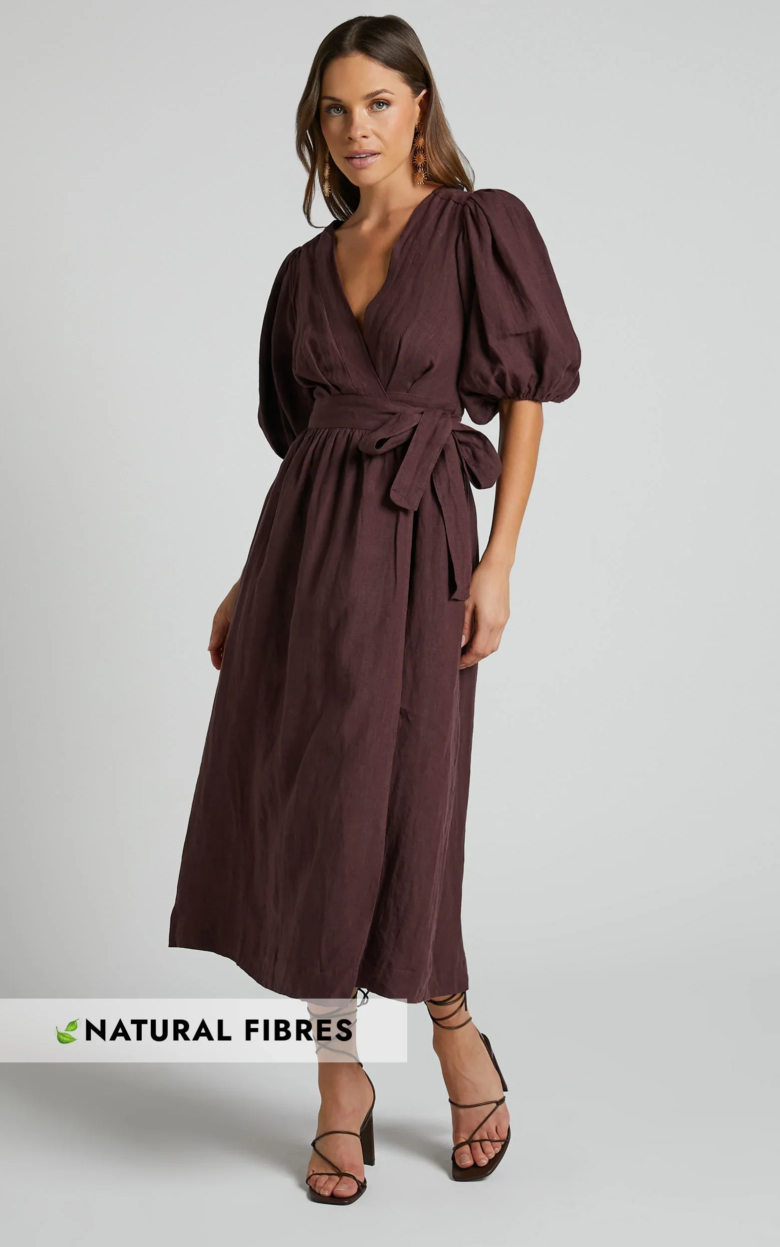 Amalie The Label - Franc Linen Puff Sleeve Wrap Midi Linen Dress