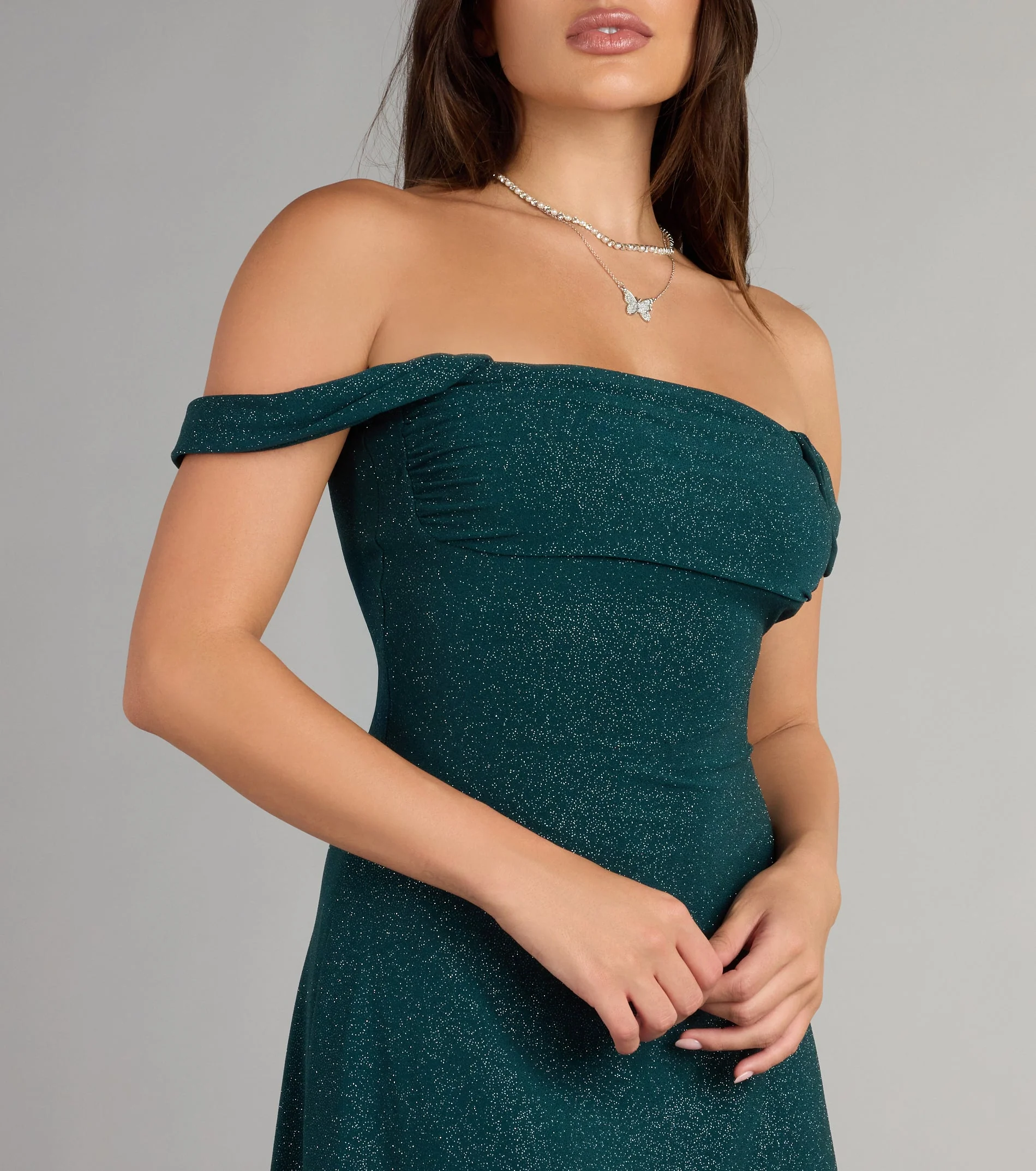 Classic Glitz Glitter Knit Off-The-Shoulder Mini Dress