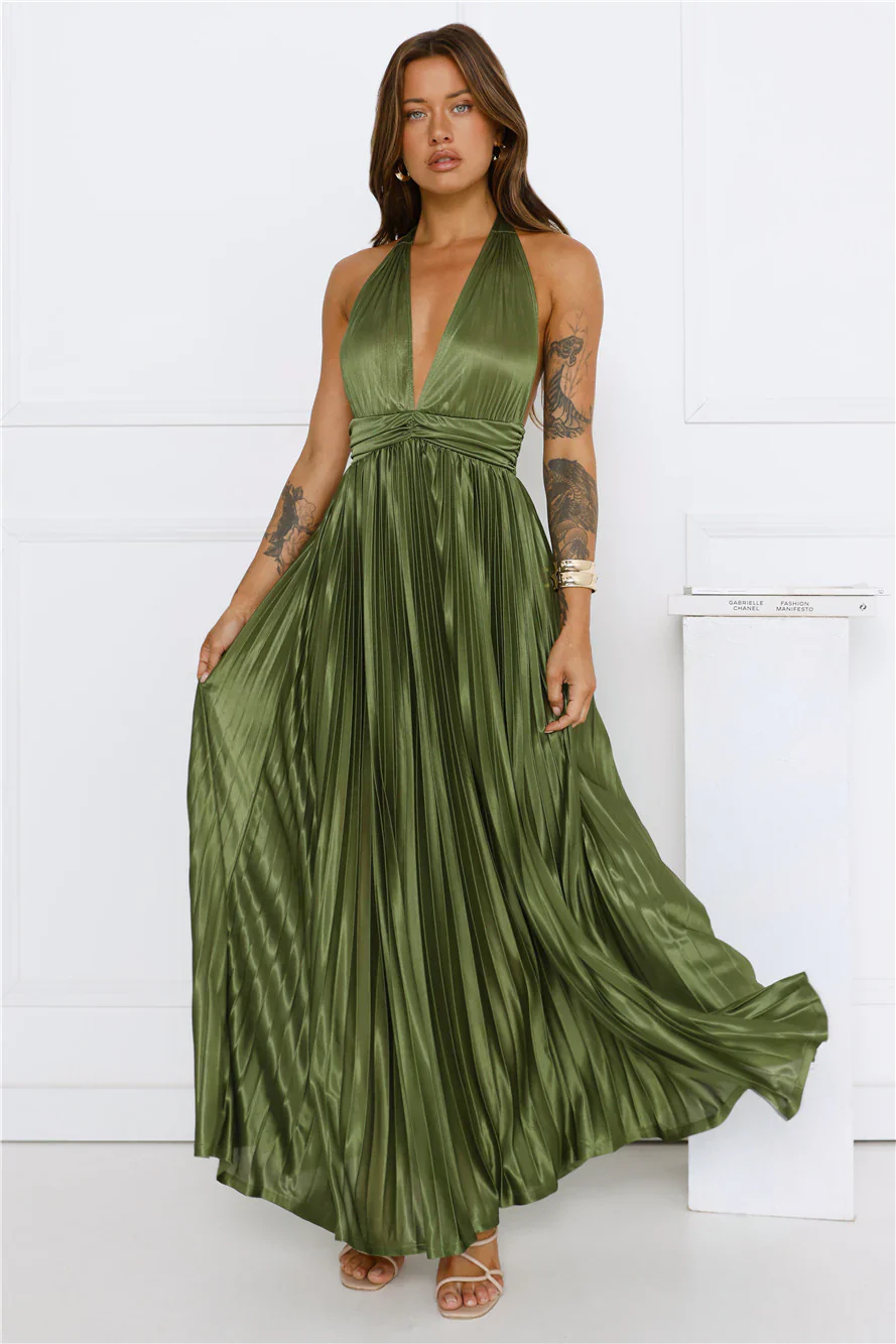 Shimmering Sea Pleated Halter Maxi Dress