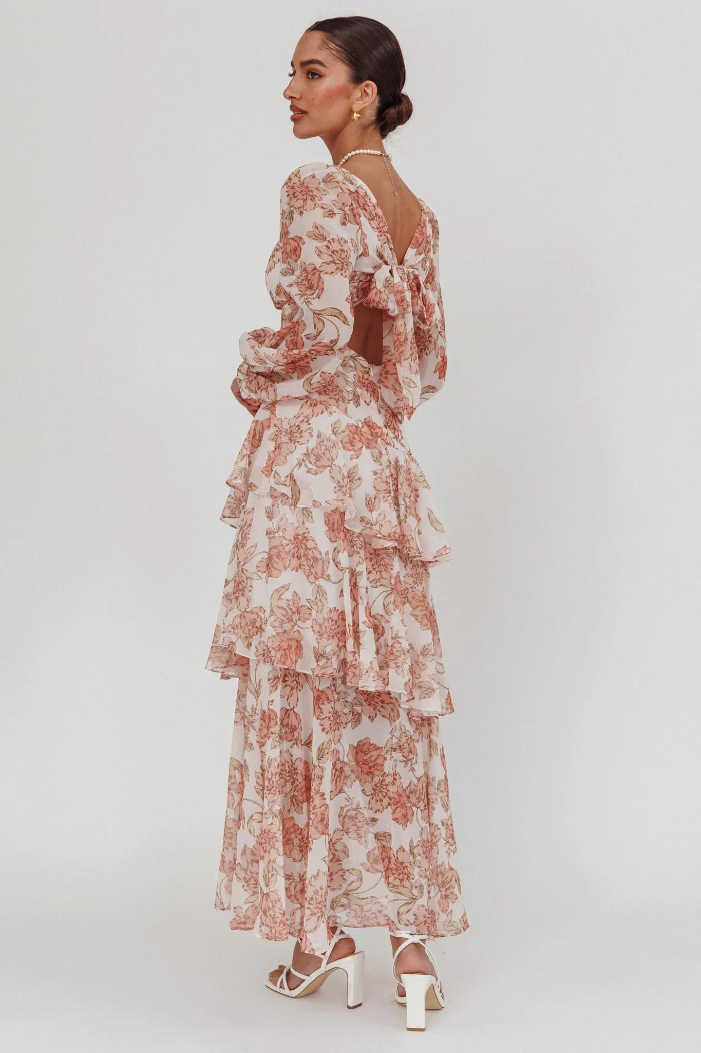 Veda Long Sleeve Floral Tiered Ruffle Maxi Dress Peach