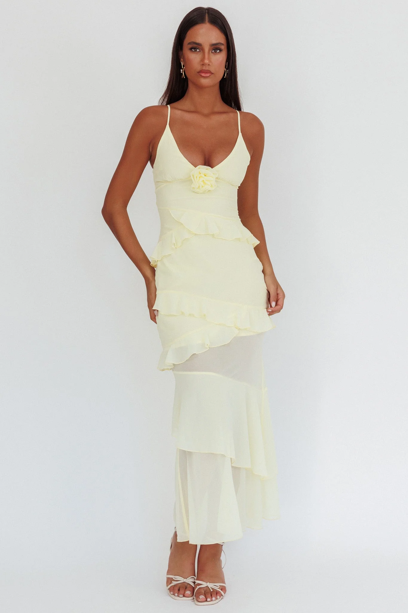 Marlie Frill Trim Rosette Maxi Dress Butter