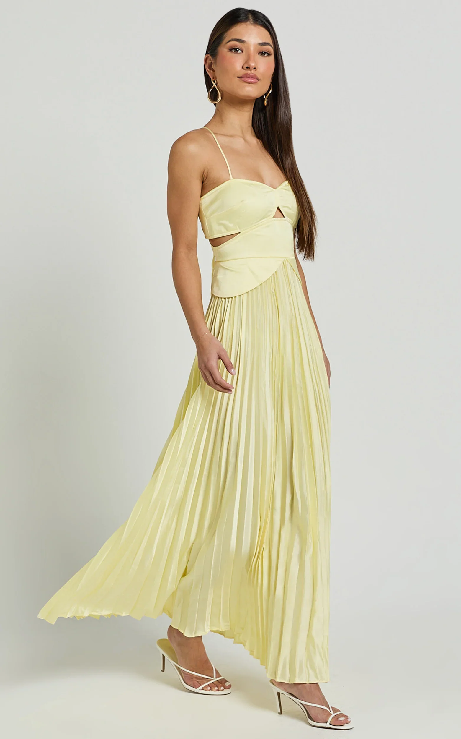 Shay Maxi Dress Sweetheart Cut Out Pleated Dress in Lemon