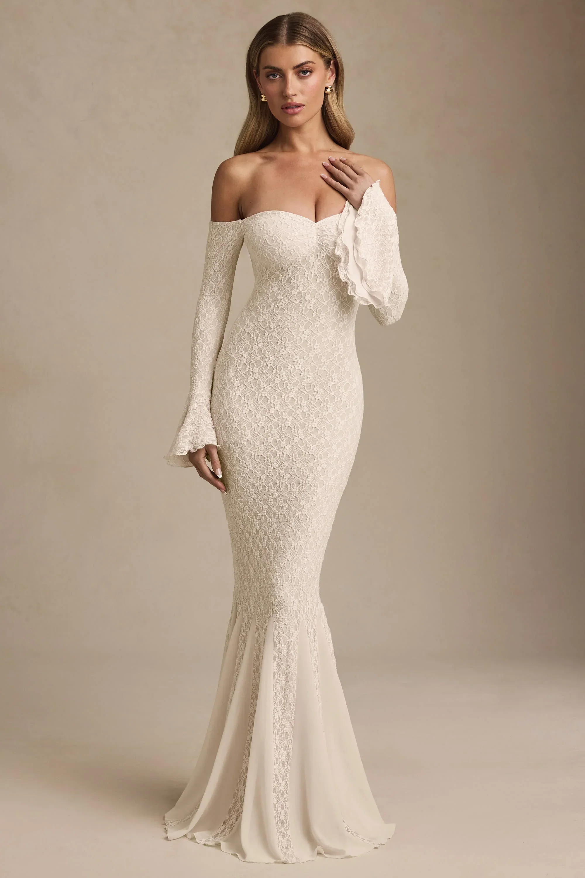Off-Shoulder Ruffle Lace Maxi Dress in Ivory