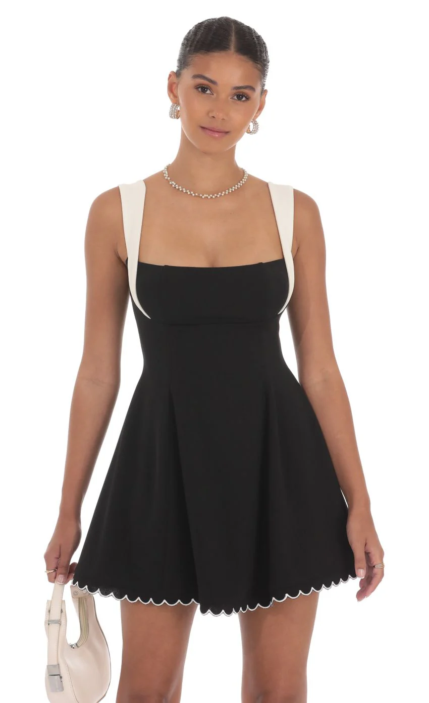 Scallop Hem Fit and Flare Dress in Black