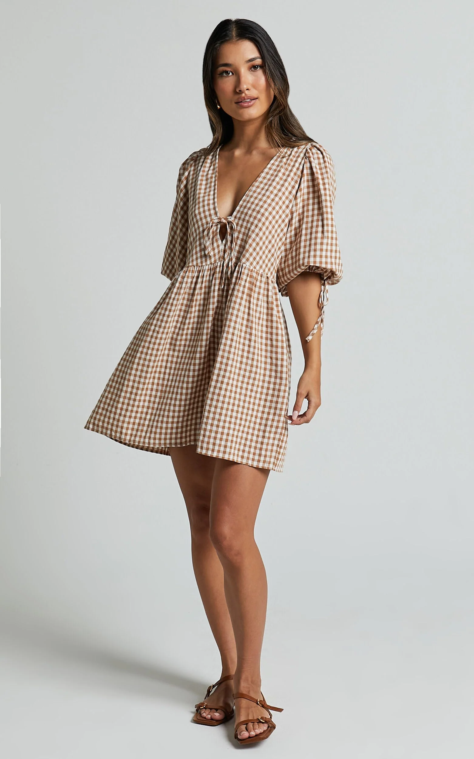 Rosita Mini Dress - Tie Front Puff Sleeve Dress in Caramel & White Gingham