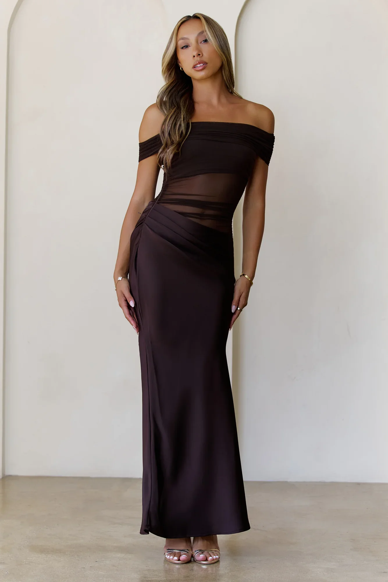 Veiled Whispers Off Shoulder Maxi Dress