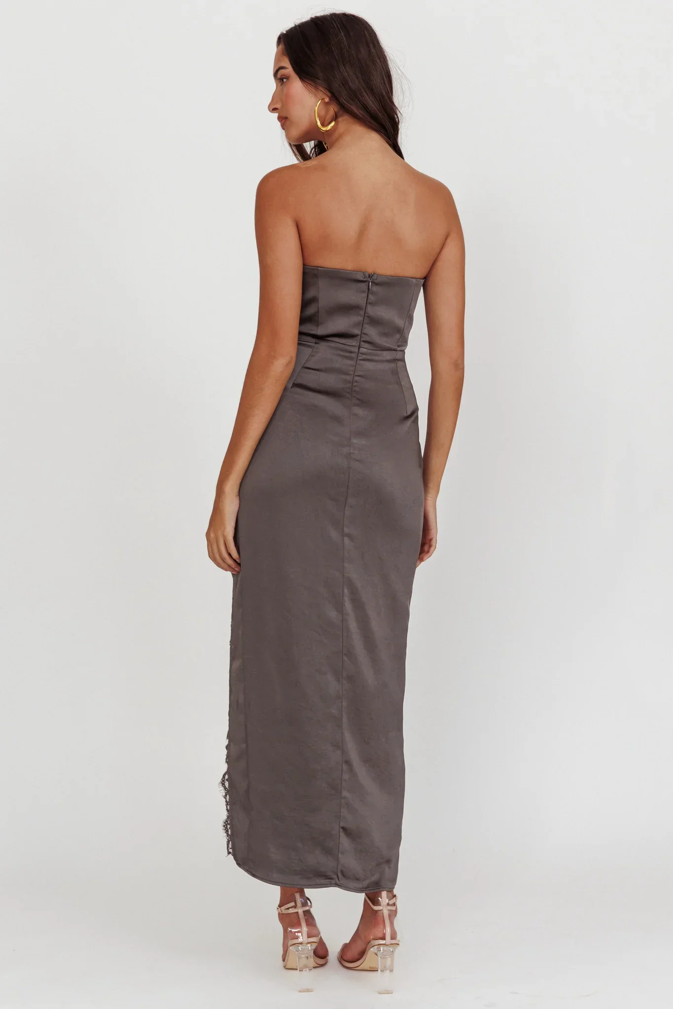 Winter Moon Strapless Lace Trim Midi Dress Charcoal