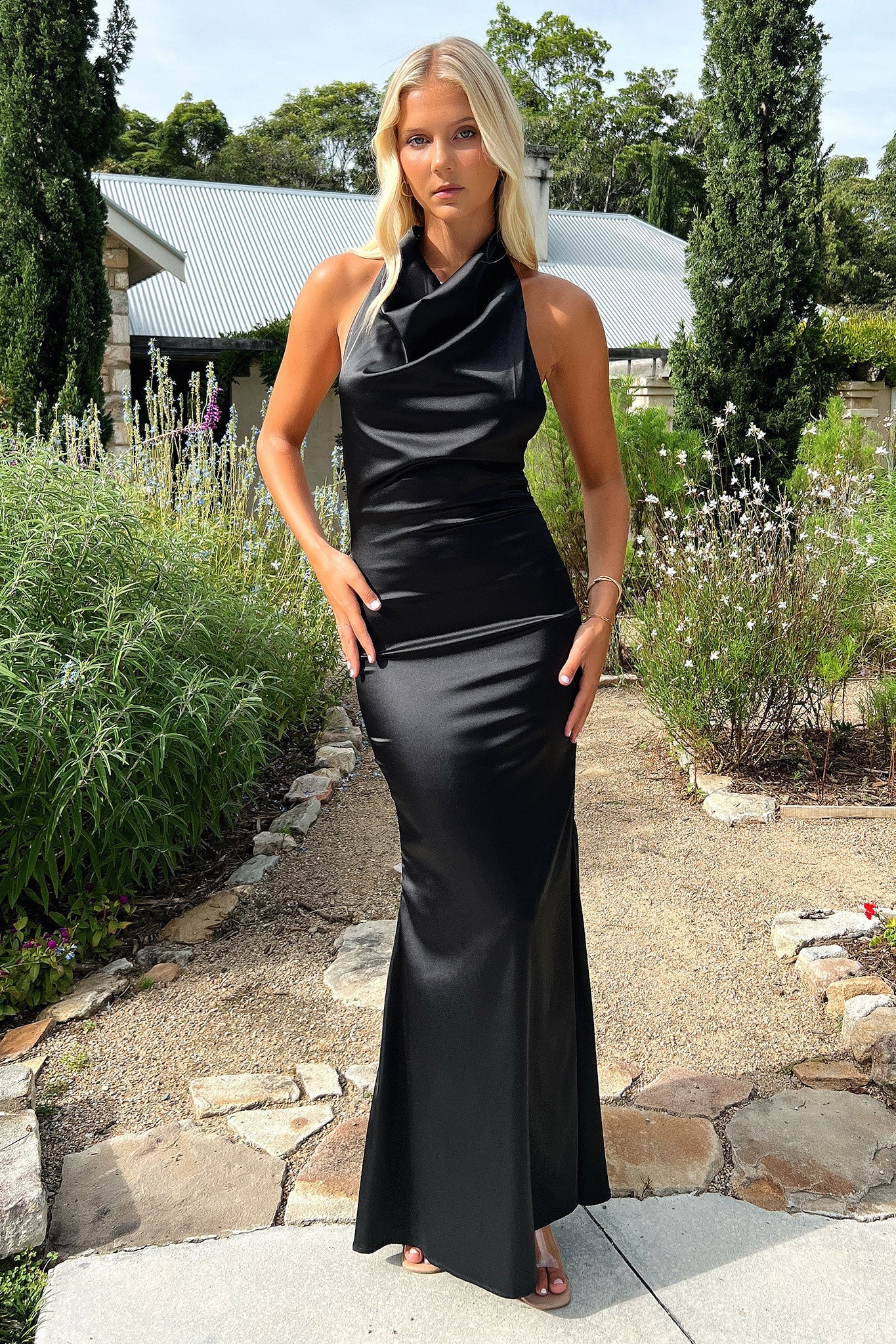 Corwin Open Back Satin Maxi Dress - Black